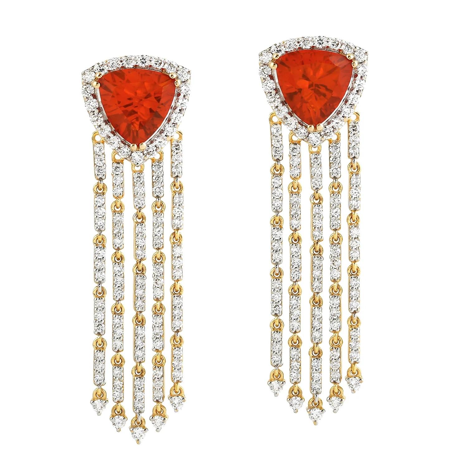 Contemporary 1.99 Carats Fire Opal Diamond 14 Karat Gold Chain Drop Earrings For Sale