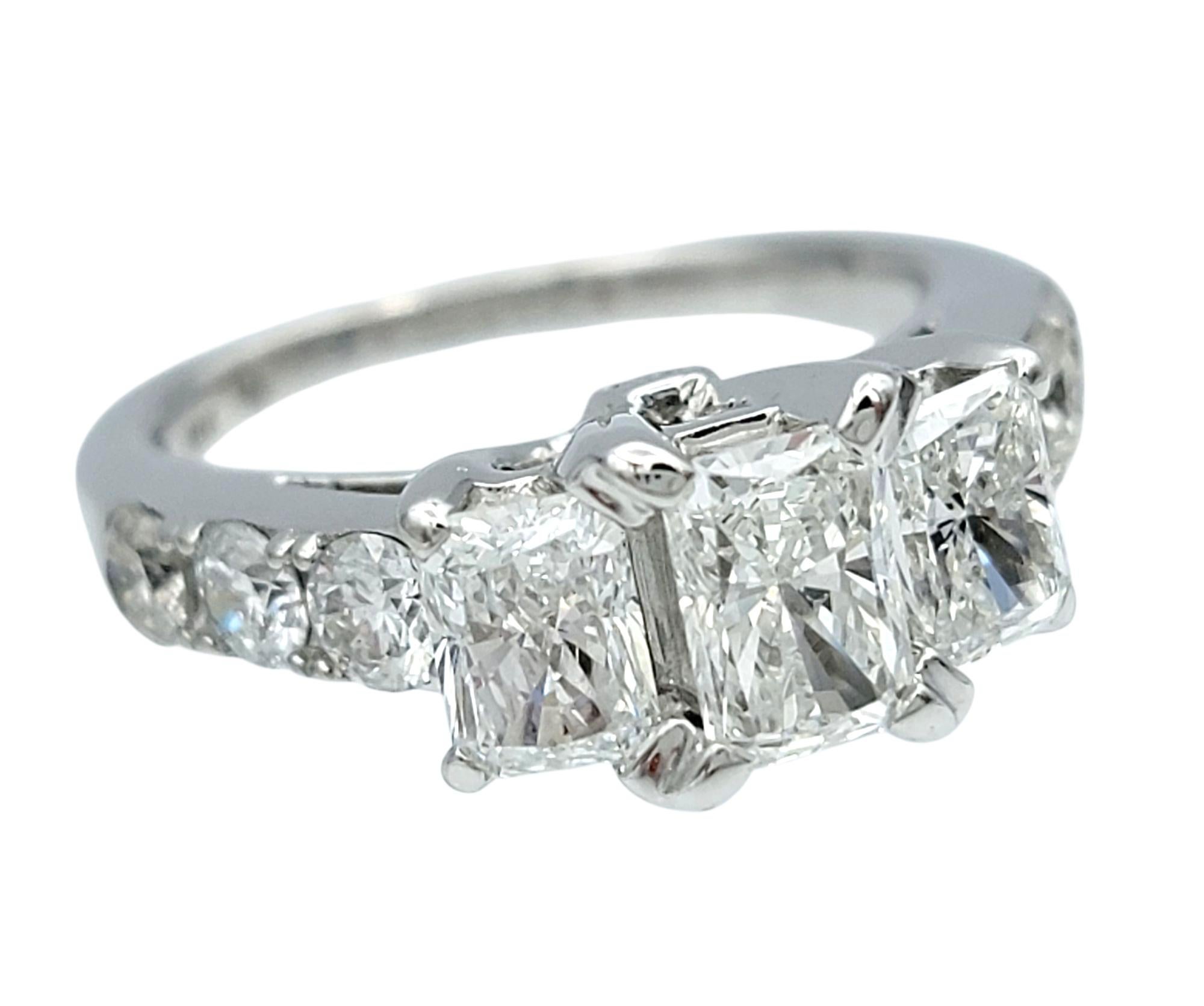 Contemporain 1.99 Carats Total Three Stone Radiant Diamond Engagement Ring in 14 Karat Gold en vente
