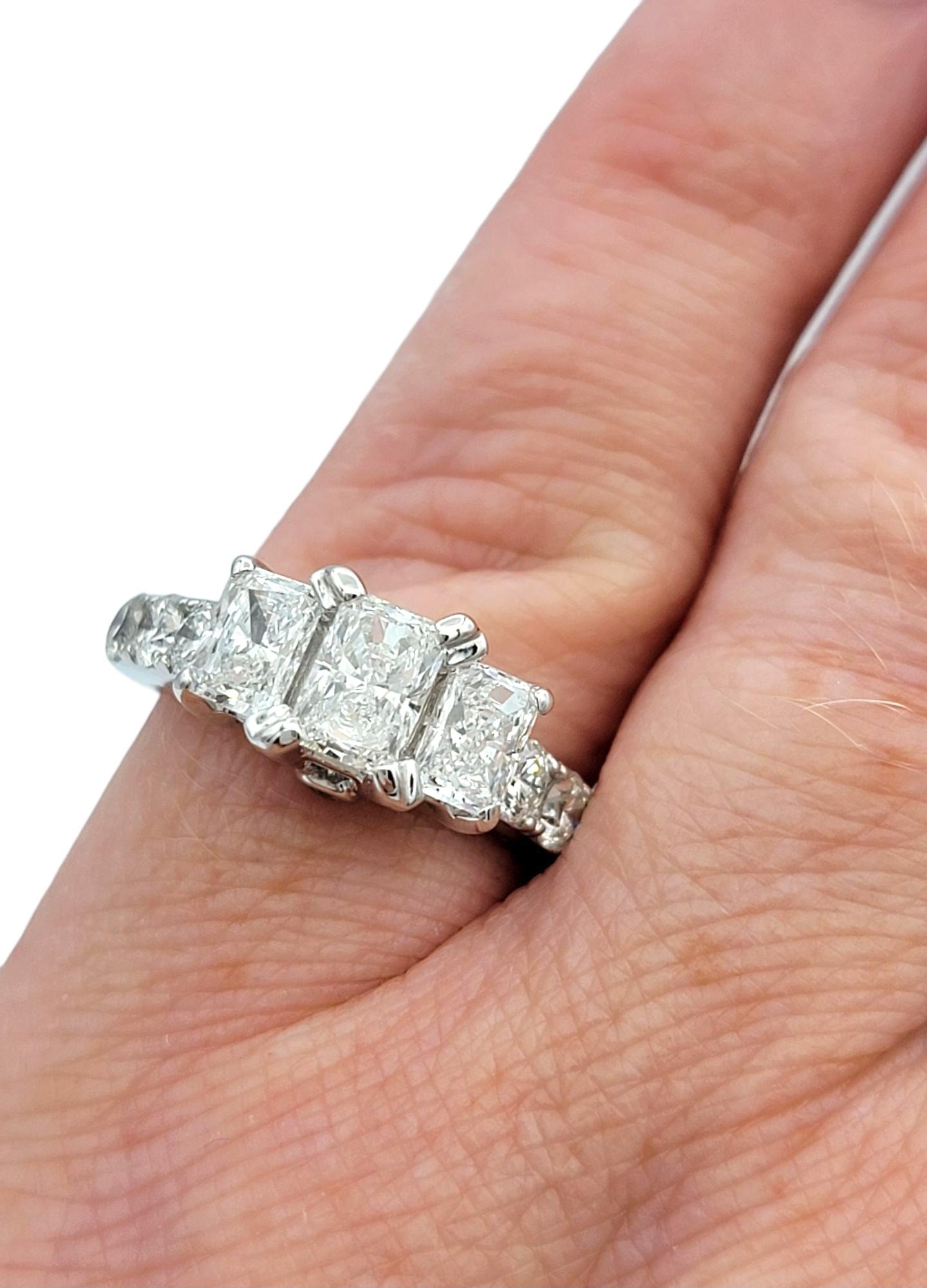 1.99 Carats Total Three Stone Radiant Diamond Engagement Ring in 14 Karat Gold en vente 3