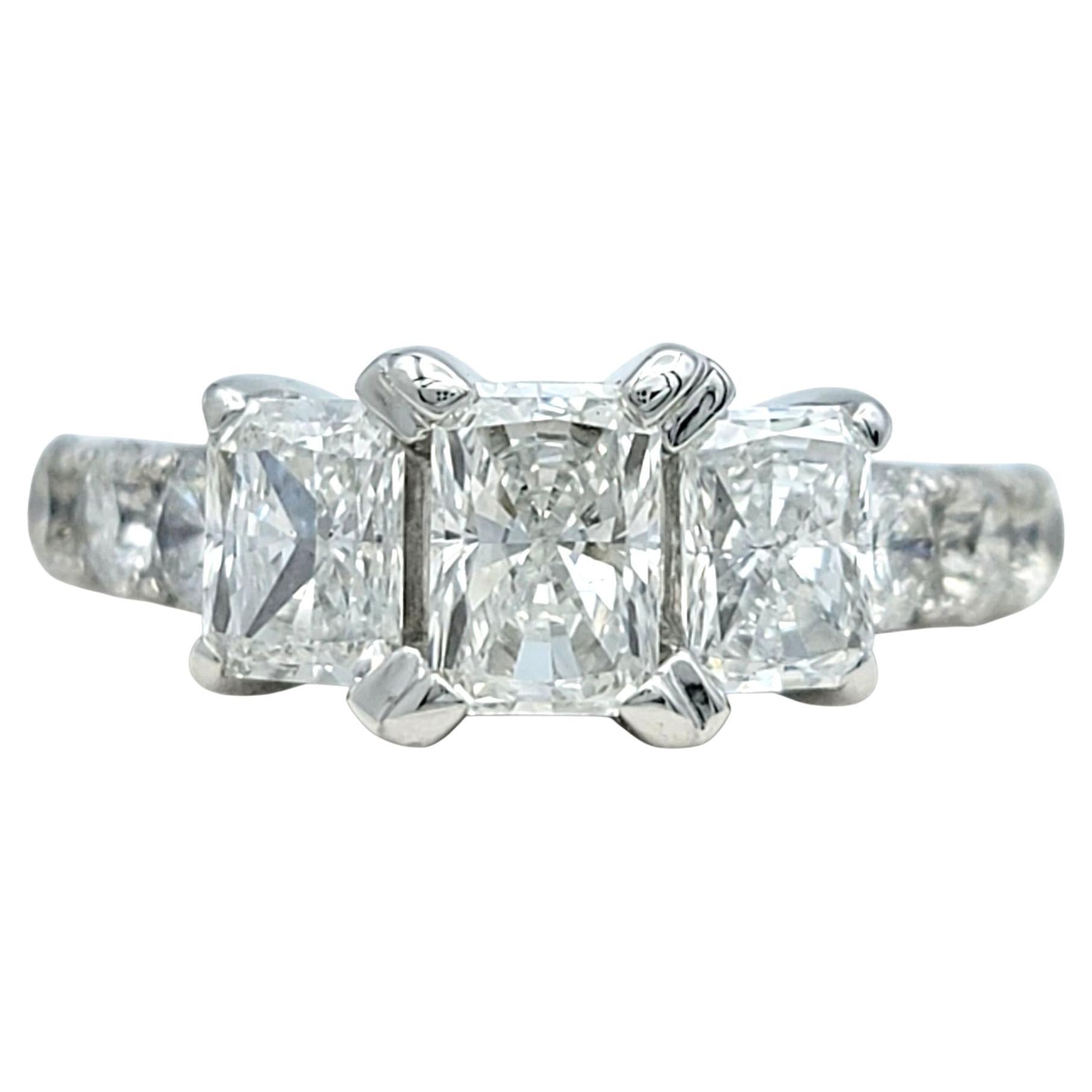 1.99 Carats Total Three Stone Radiant Diamond Engagement Ring in 14 Karat Gold