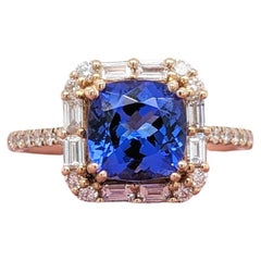 1.99 ct Tanzanite 14k Yellow Gold w Round & Baguette Diamond Accents Cushion 7mm