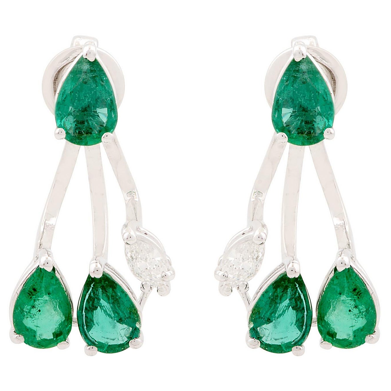 1.99 CTW Pear Zambian Emerald Diamond Jacket Earrings 18 Karat White Gold For Sale