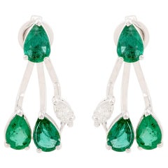1.99 CTW Pear Zambian Emerald Diamond Jacket Earrings 18 Karat White Gold