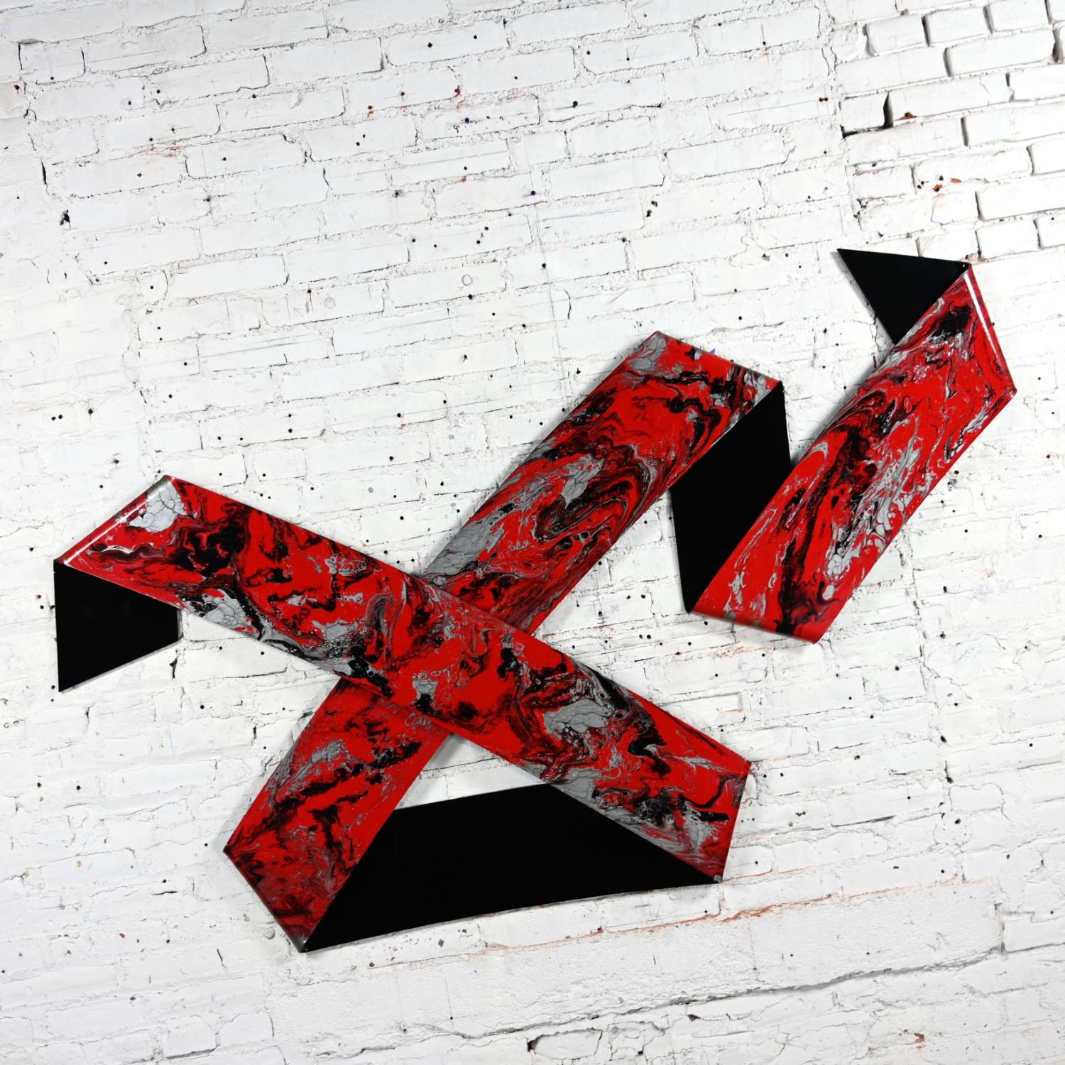 Modern 1990 Abstract Richard Mann Folded Plexiglass Ribbon Wall Sculpture Red Black  For Sale