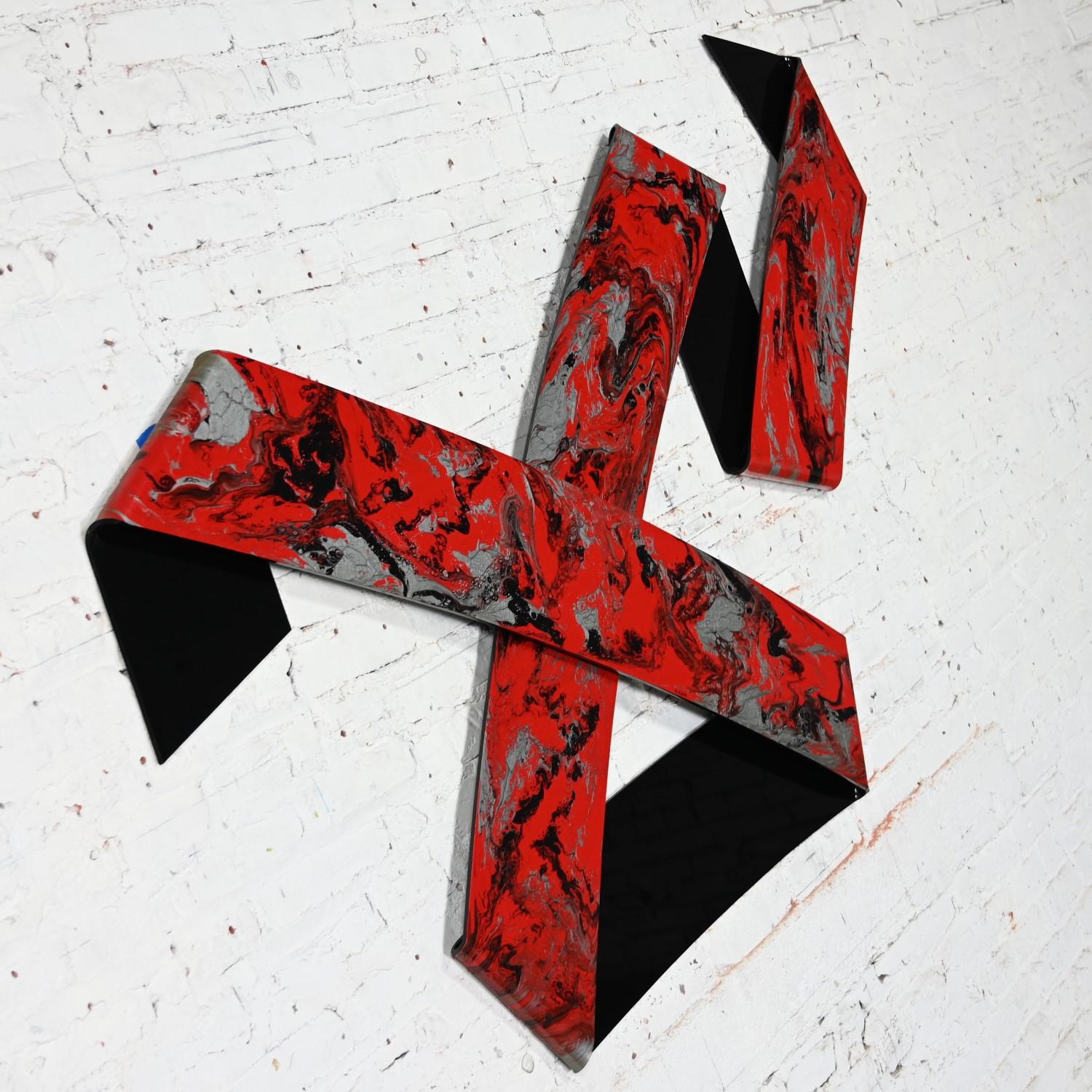 1990 Abstract Richard Mann Folded Plexiglass Ribbon Wall Sculpture Red Black  In Good Condition For Sale In Topeka, KS