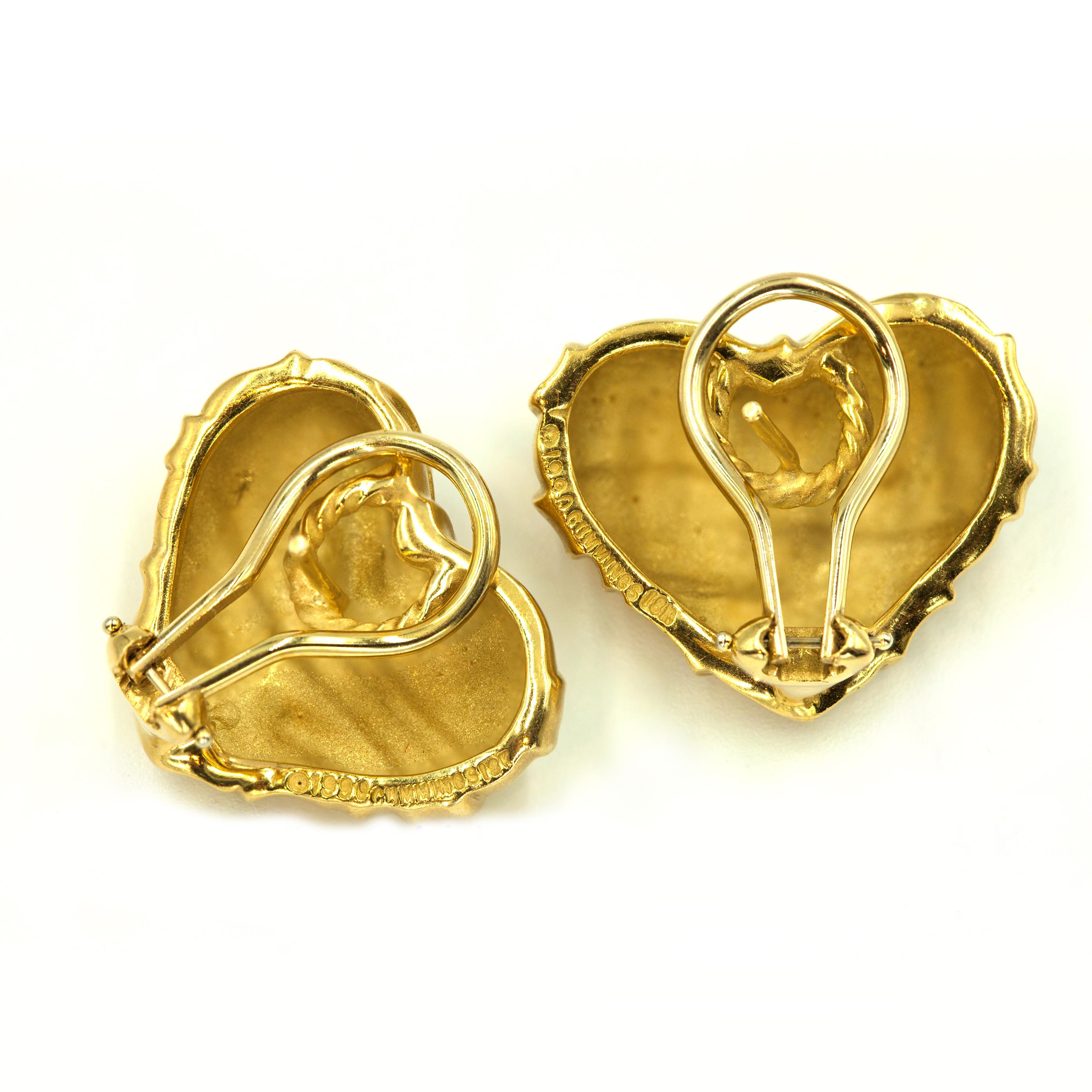 Women's 1990 Angela Cummings 18K YG Heart Omega back Earrings For Sale