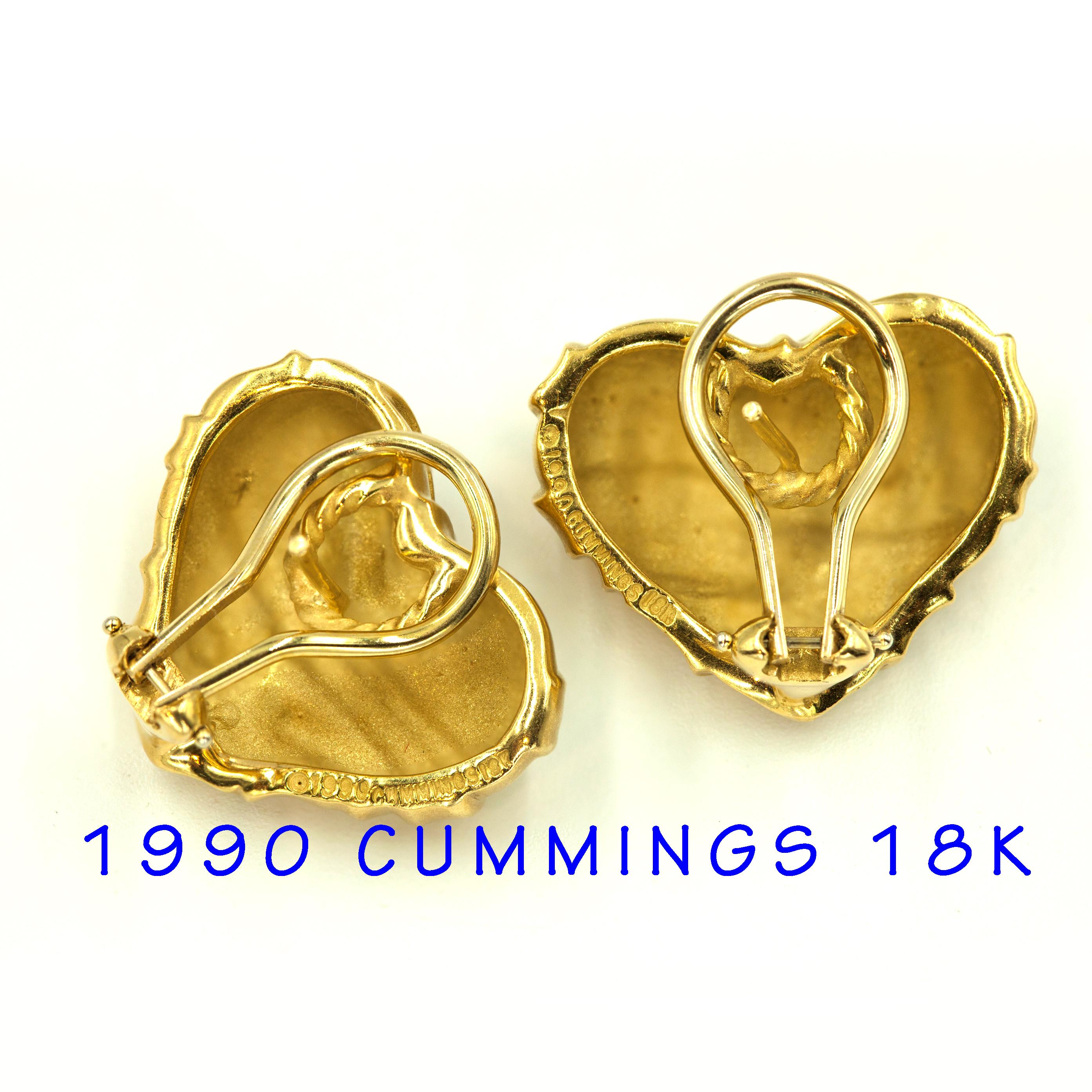 1990 Angela Cummings 18K YG Heart Omega back Earrings For Sale 1