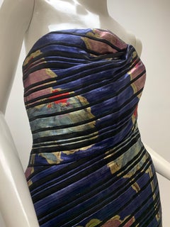 1990 Arnold Scaasi Purple Floral Print Brocade Bias Cut Strapless Corset Gown