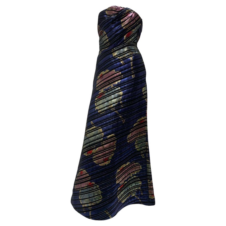 Prettiest 1980s Arnold Scaasi Strapless Metallic Finished Brilliant Floral Print Dress w Bow