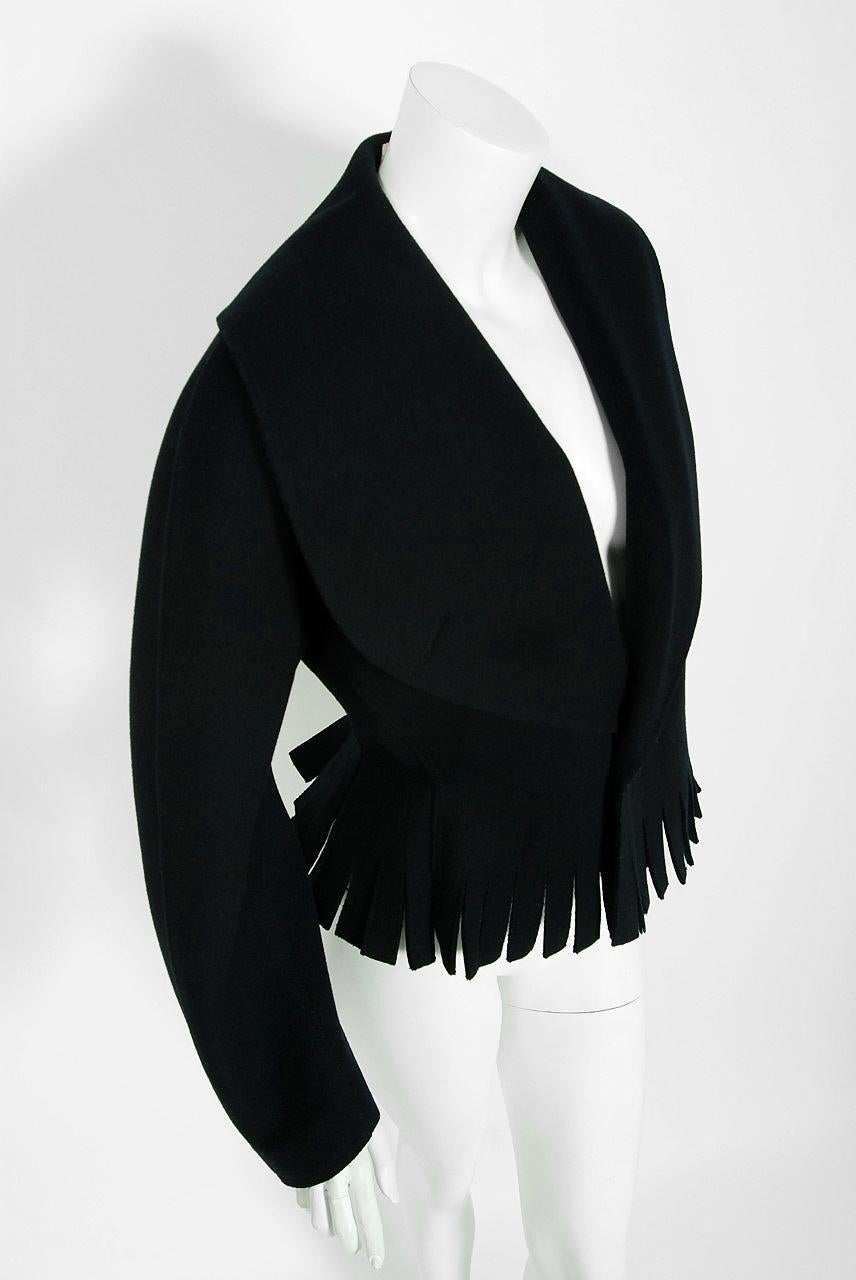 1990 Azzedine Alaia Black Wool Wide Portrait-Collar Peplum Fringe Cropped Jacket In Excellent Condition In Beverly Hills, CA