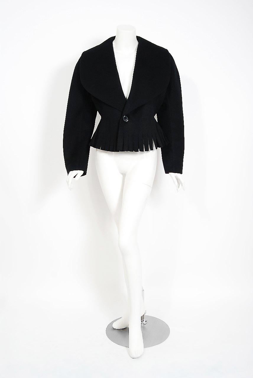 1990 Azzedine Alaia Black Wool Wide Portrait-Collar Peplum Fringe Cropped Jacket 1