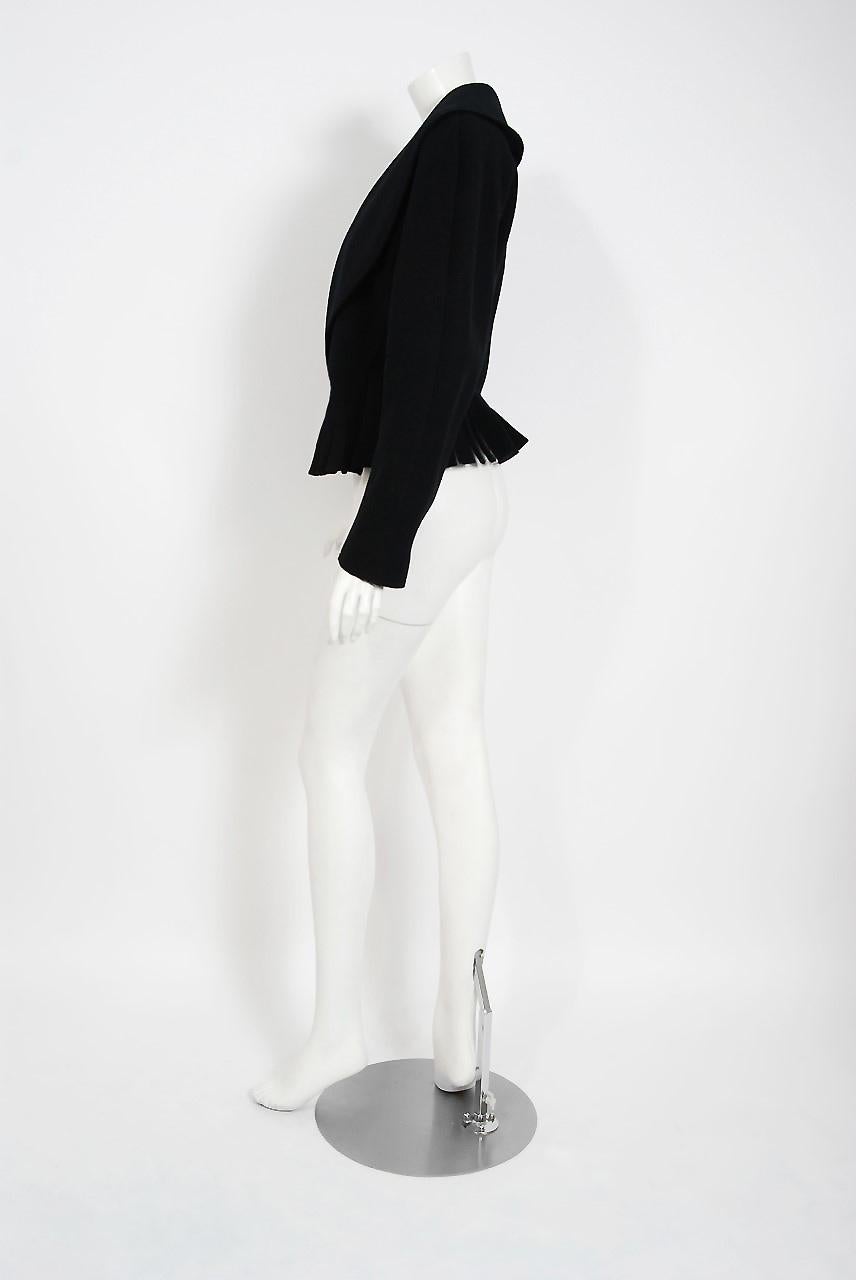 1990 Azzedine Alaia Black Wool Wide Portrait-Collar Peplum Fringe Cropped Jacket 2