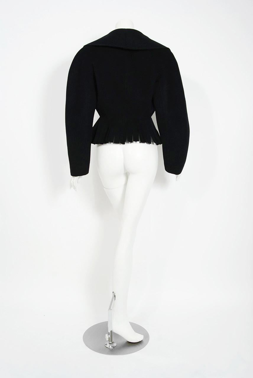 1990 Azzedine Alaia Black Wool Wide Portrait-Collar Peplum Fringe Cropped Jacket 3