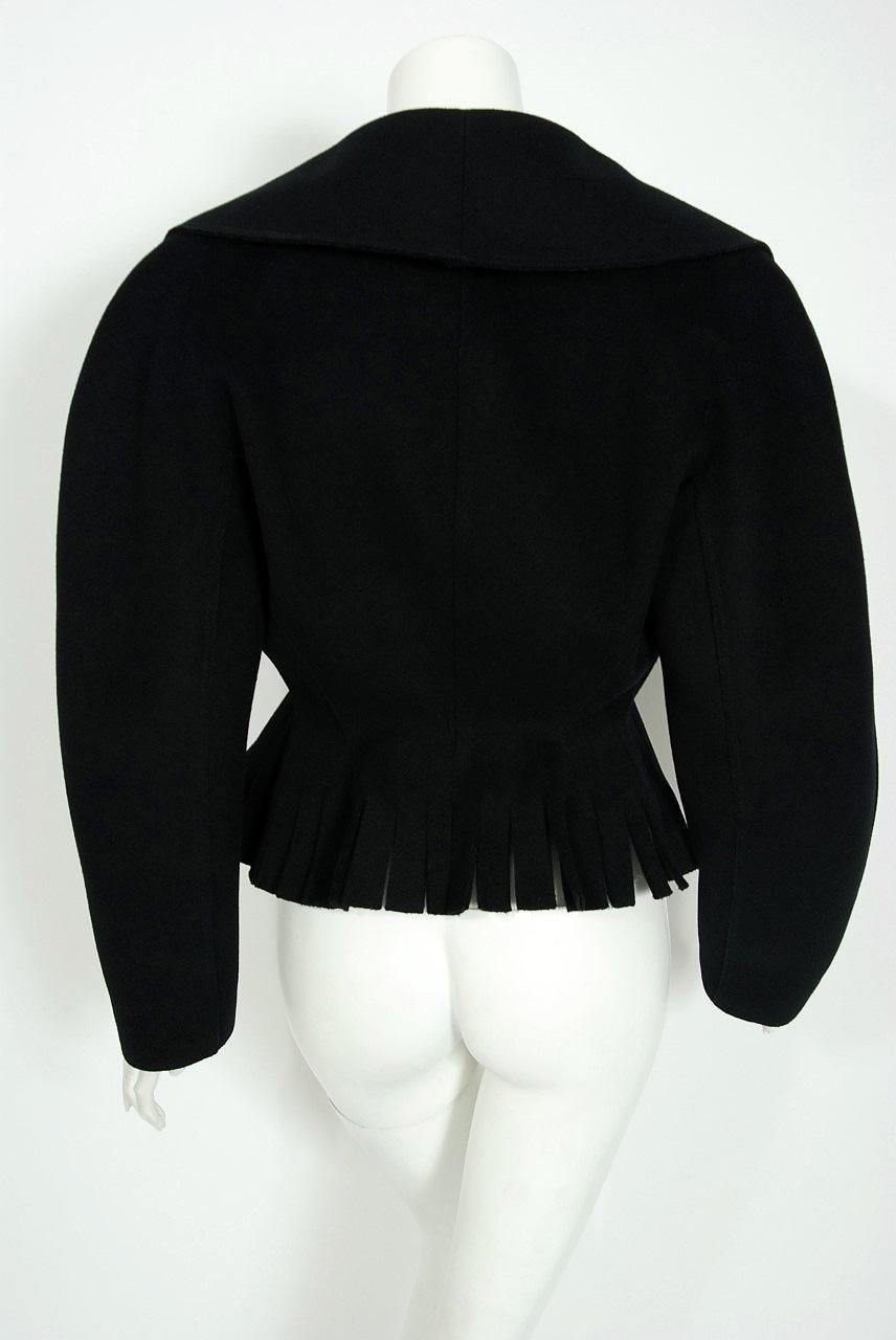 1990 Azzedine Alaia Black Wool Wide Portrait-Collar Peplum Fringe Cropped Jacket 4