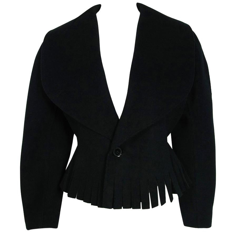 1990 Azzedine Alaia Black Wool Wide Portrait-Collar Peplum Fringe Cropped Jacket