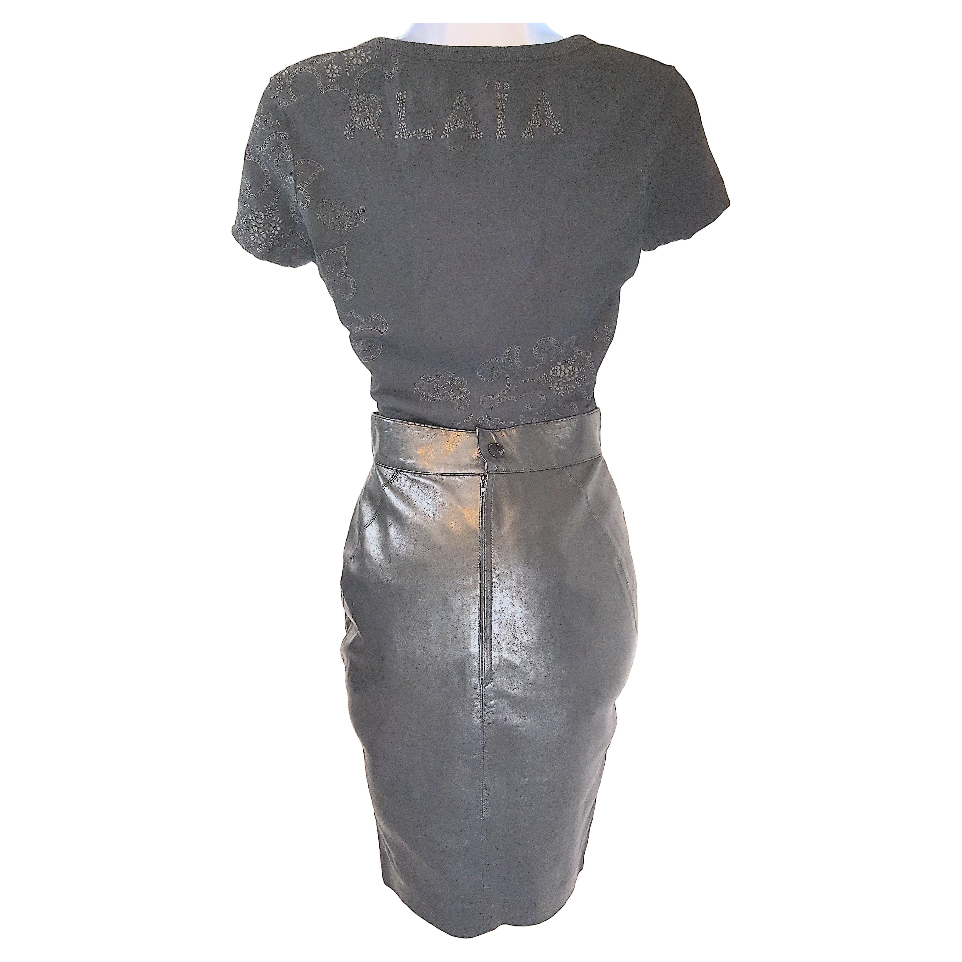 1990 Azzedine Alaia Bodycon Set Leather Curvy Skirt & LogoPointelle Tshirt For Sale