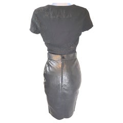 Used 1990 Azzedine Alaia Bodycon Set Leather Curvy Skirt & LogoPointelle Tshirt