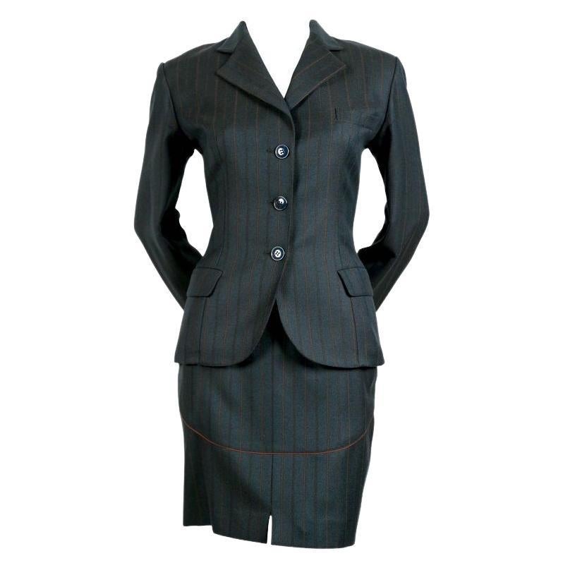1990 AZZEDINE ALAIA forest green runway suit with burgundy piping For ...