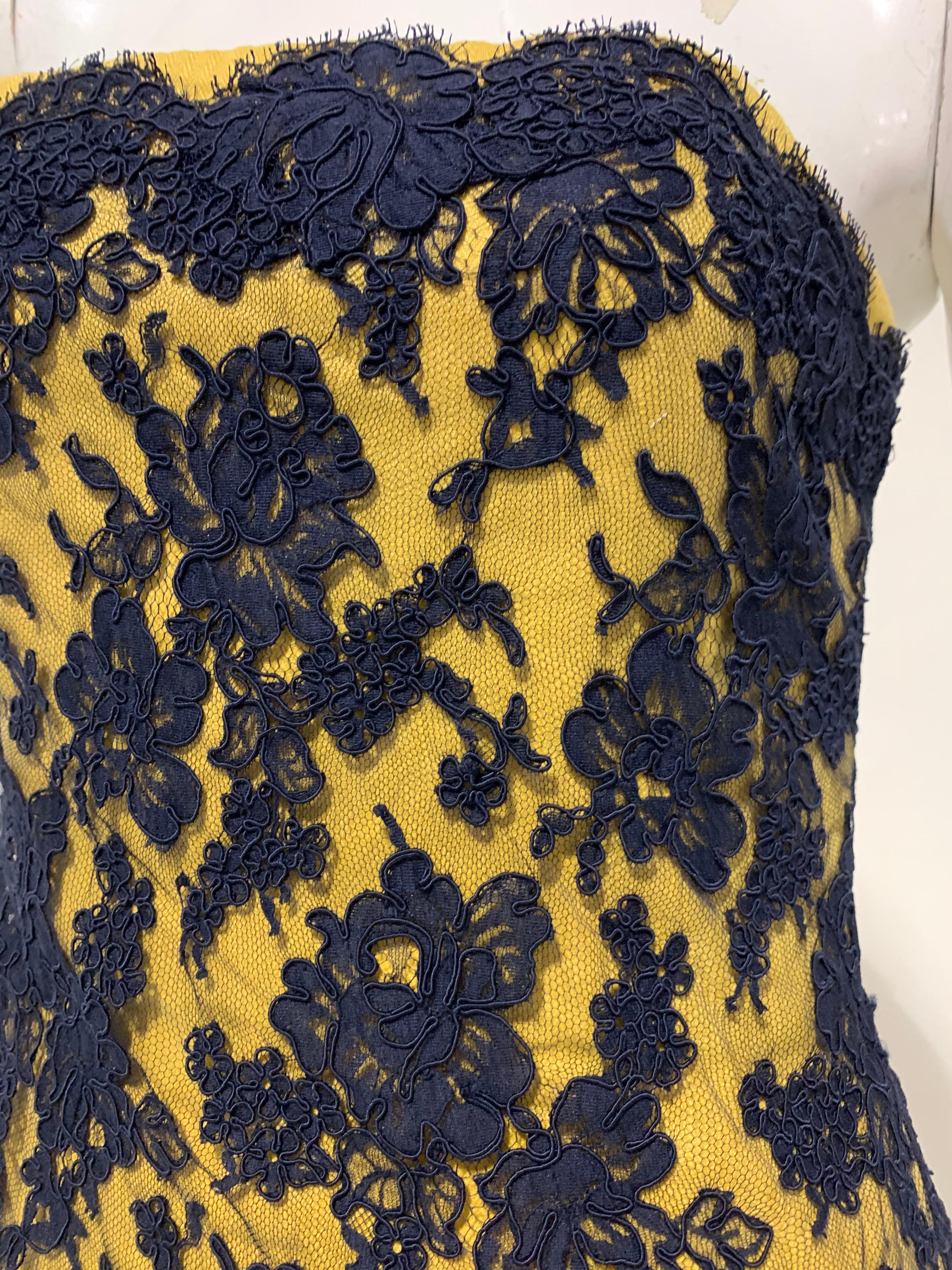 1990s Bill Blass butter yellow cotton twill strapless cocktail dress with gorgeous French navy blue lace overlay:  Bodice is quite structured for superb shaping and security, having an interior zipper at back as well as the outside back zipper. This