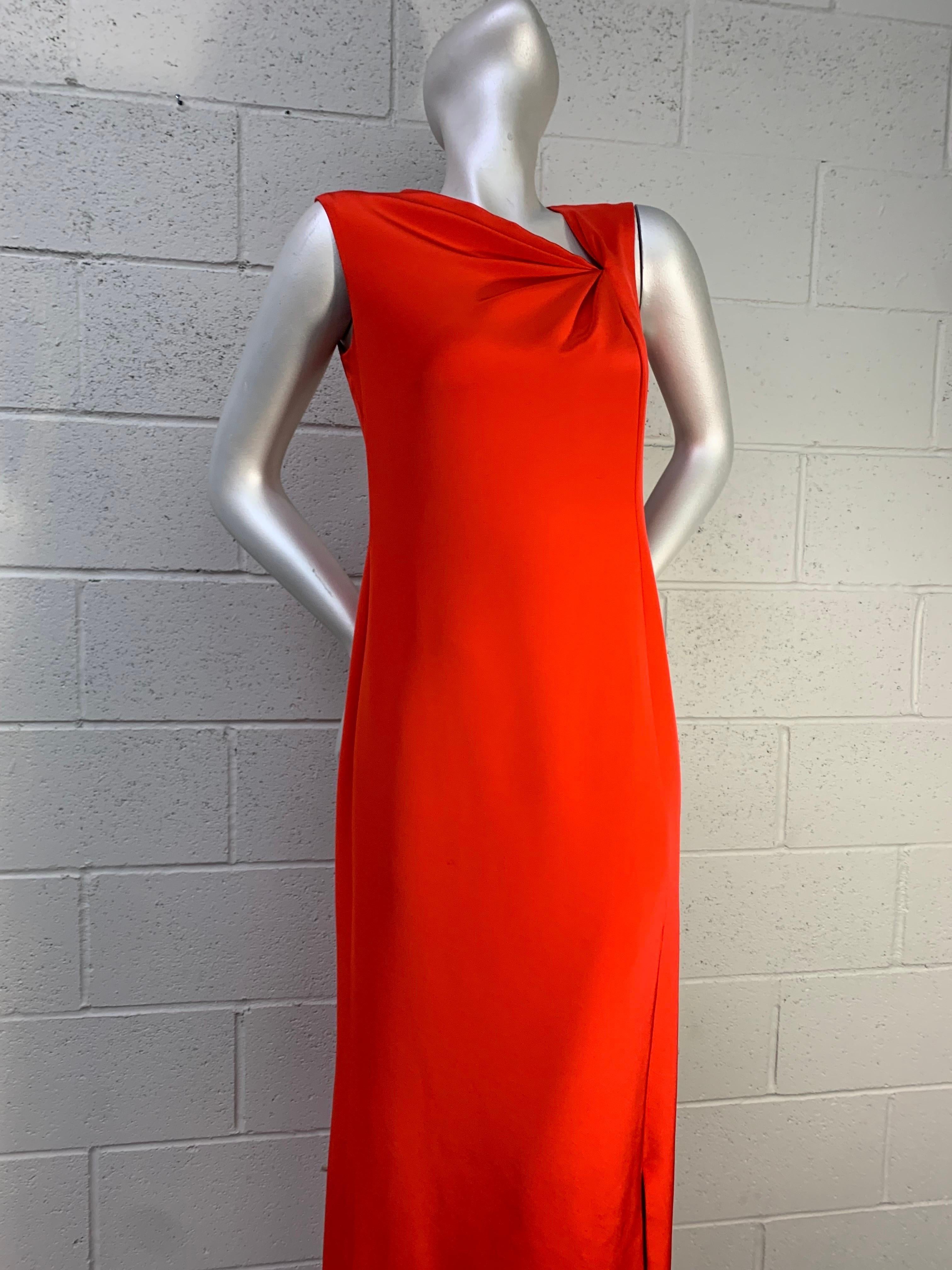 1990 Bill Blass Persimmon Silk Crepe Column Gown w Asymmetrical Neckline Detail In Excellent Condition For Sale In Gresham, OR