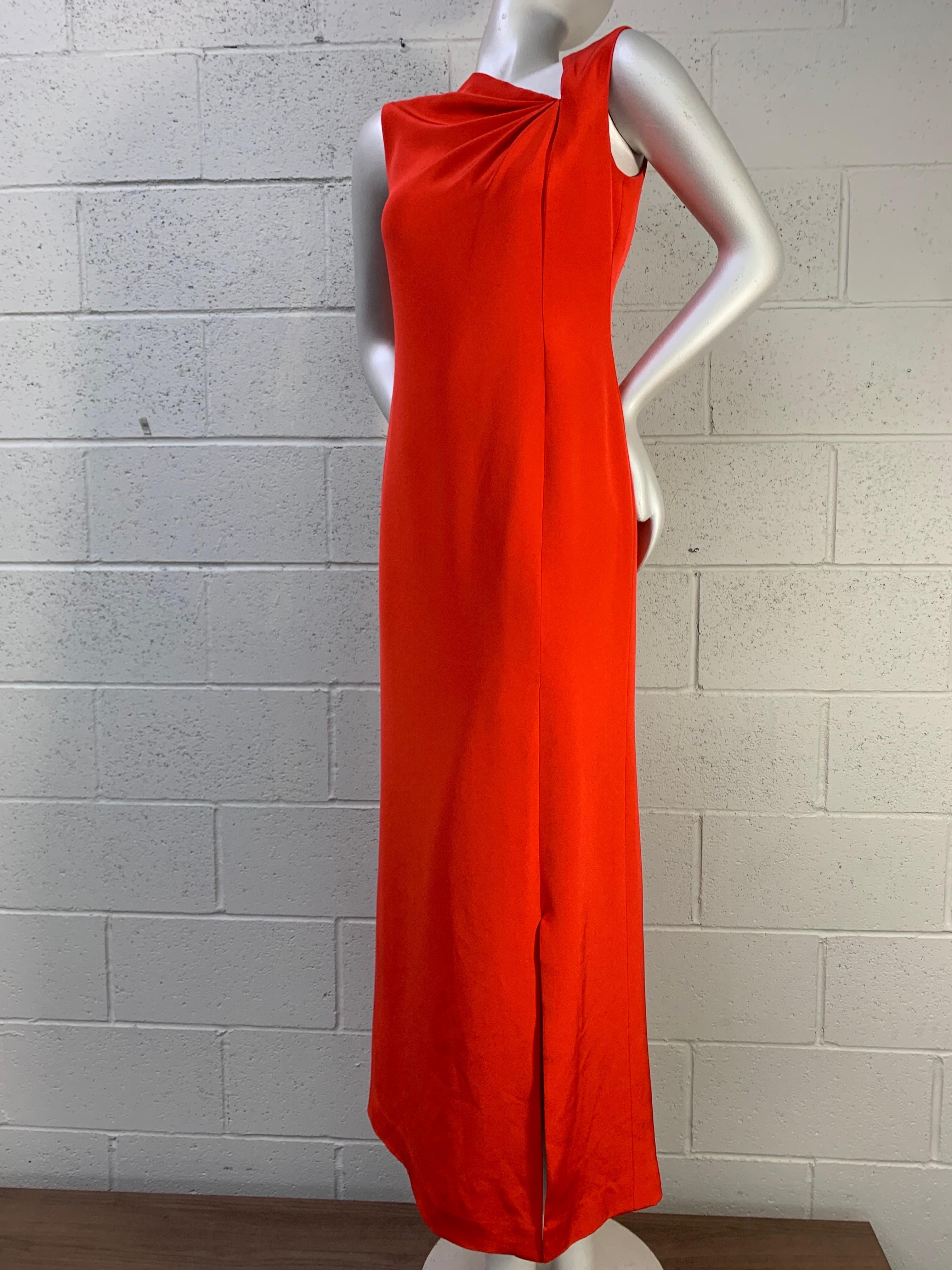 1990 Bill Blass Persimmon Silk Crepe Column Gown w Asymmetrical Neckline Detail For Sale 2