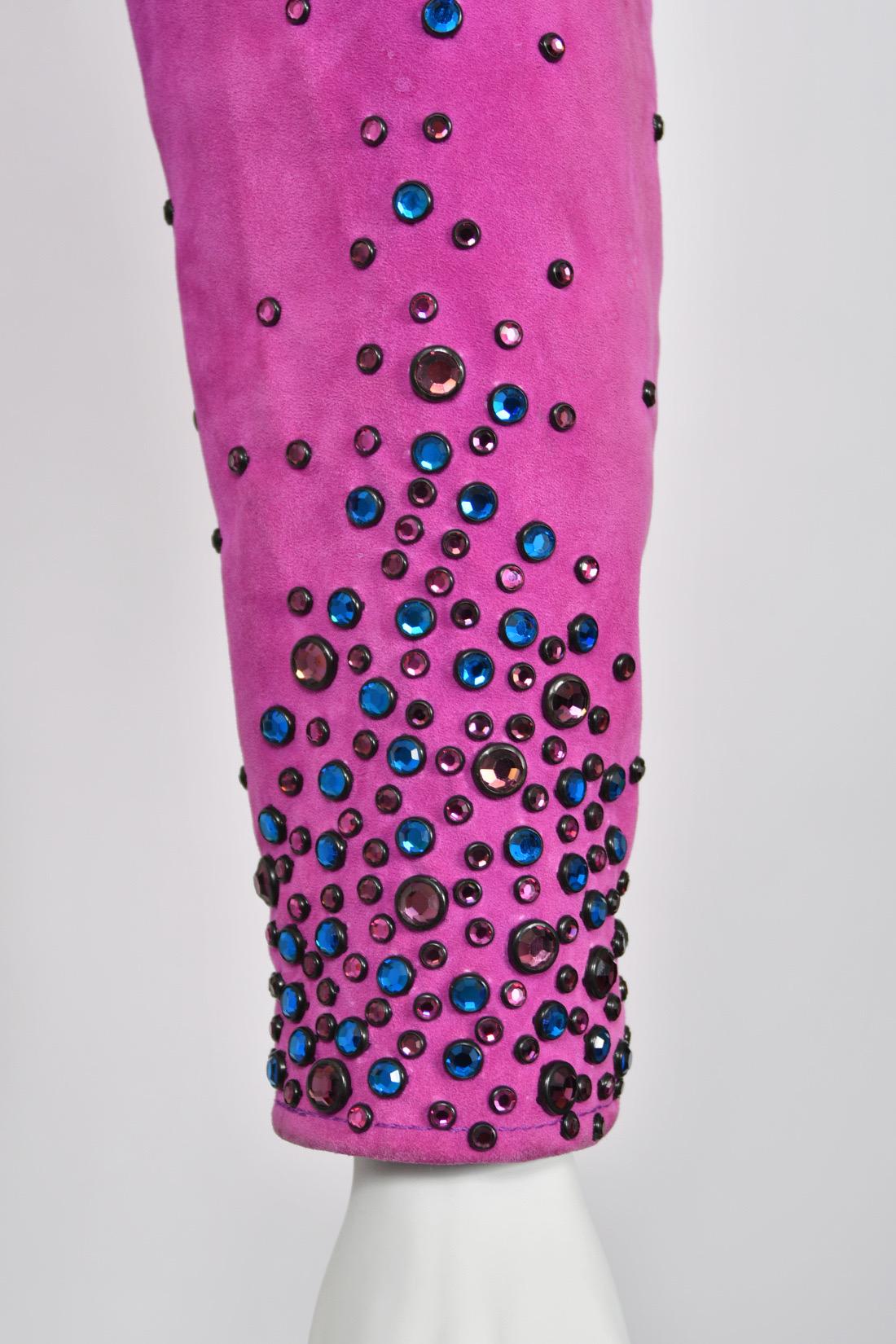 1990 Bob Mackie for Cher Signed Studded Fuchsia Suede Motorcycle Jacket & Boots For Sale 5