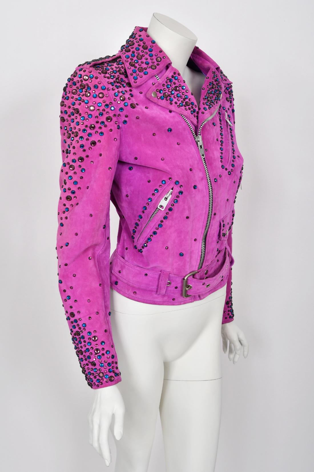 1990 Bob Mackie for Cher Signed Studded Fuchsia Suede Motorcycle Jacket & Boots For Sale 7