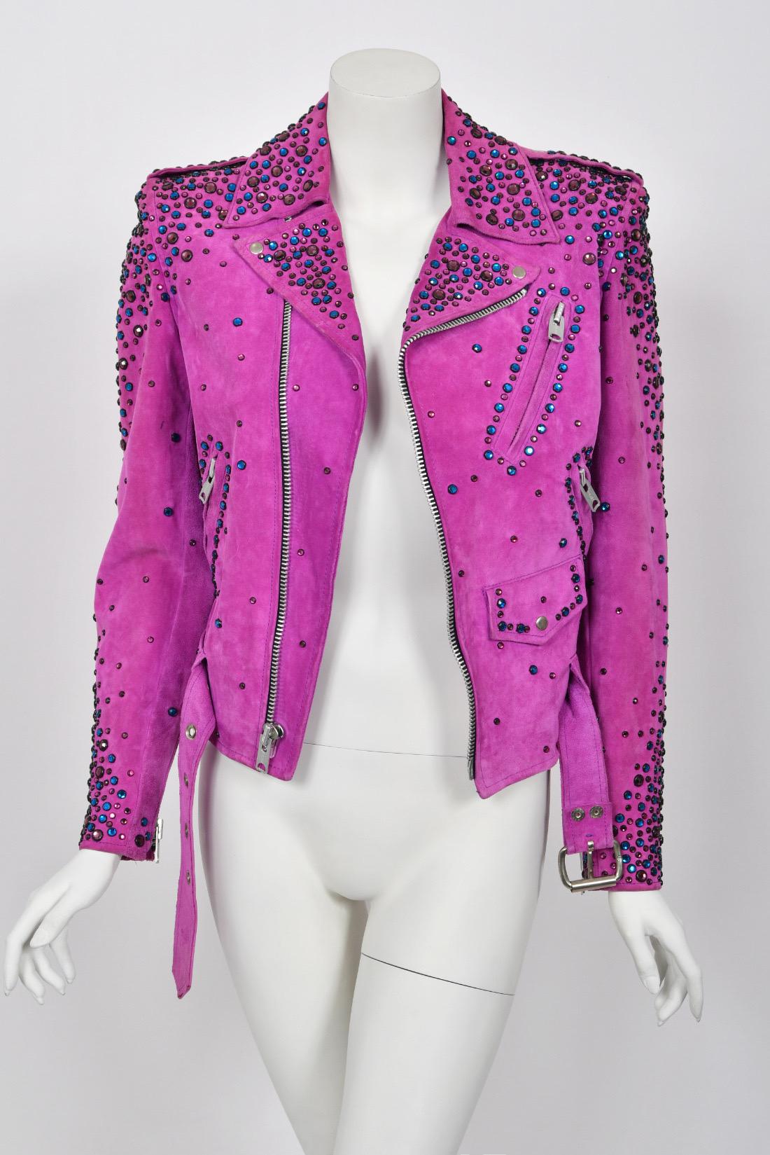 1990 Bob Mackie for Cher Signed Studded Fuchsia Suede Motorcycle Jacket & Boots For Sale 8