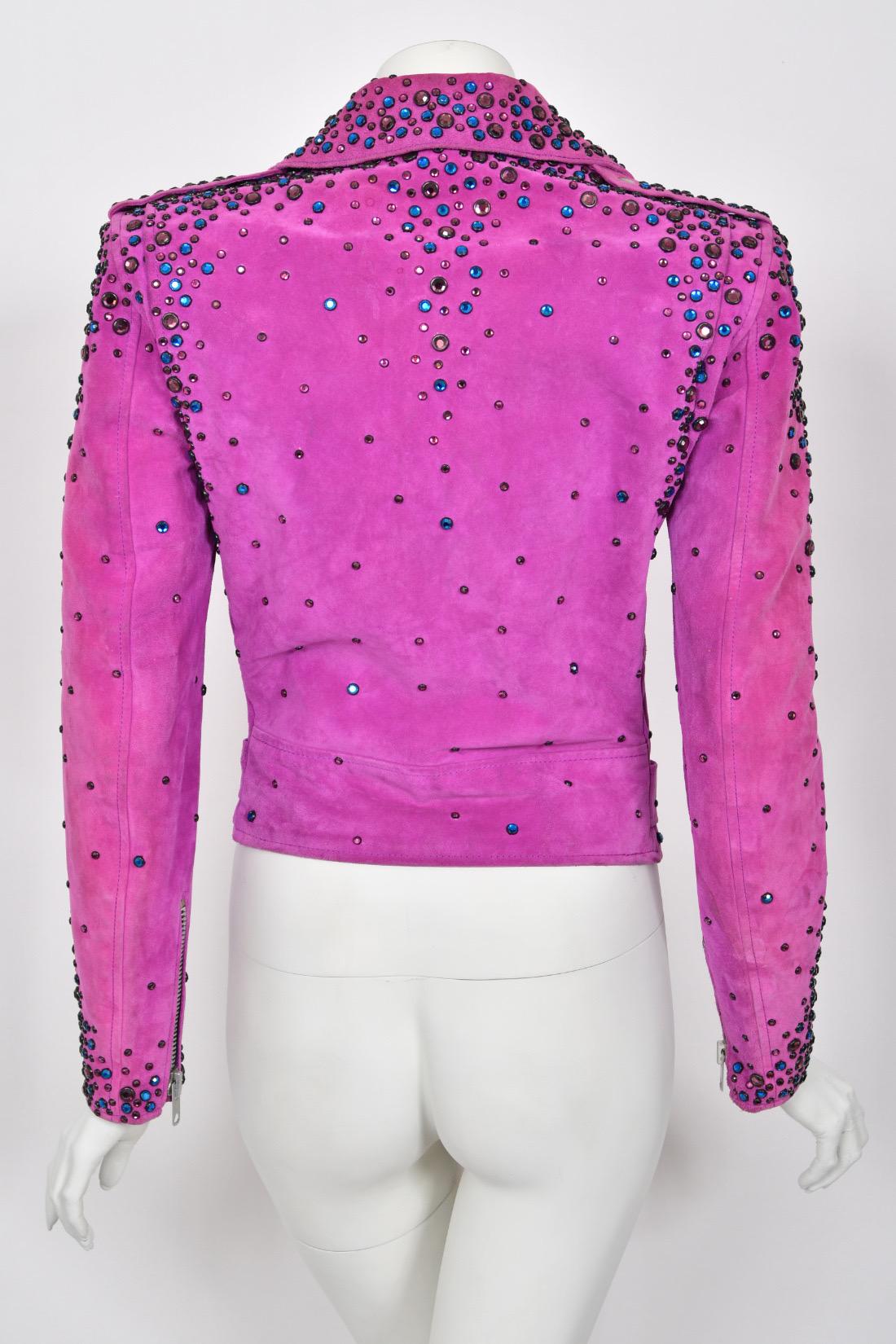 1990 Bob Mackie for Cher Signed Studded Fuchsia Suede Motorcycle Jacket & Boots For Sale 9