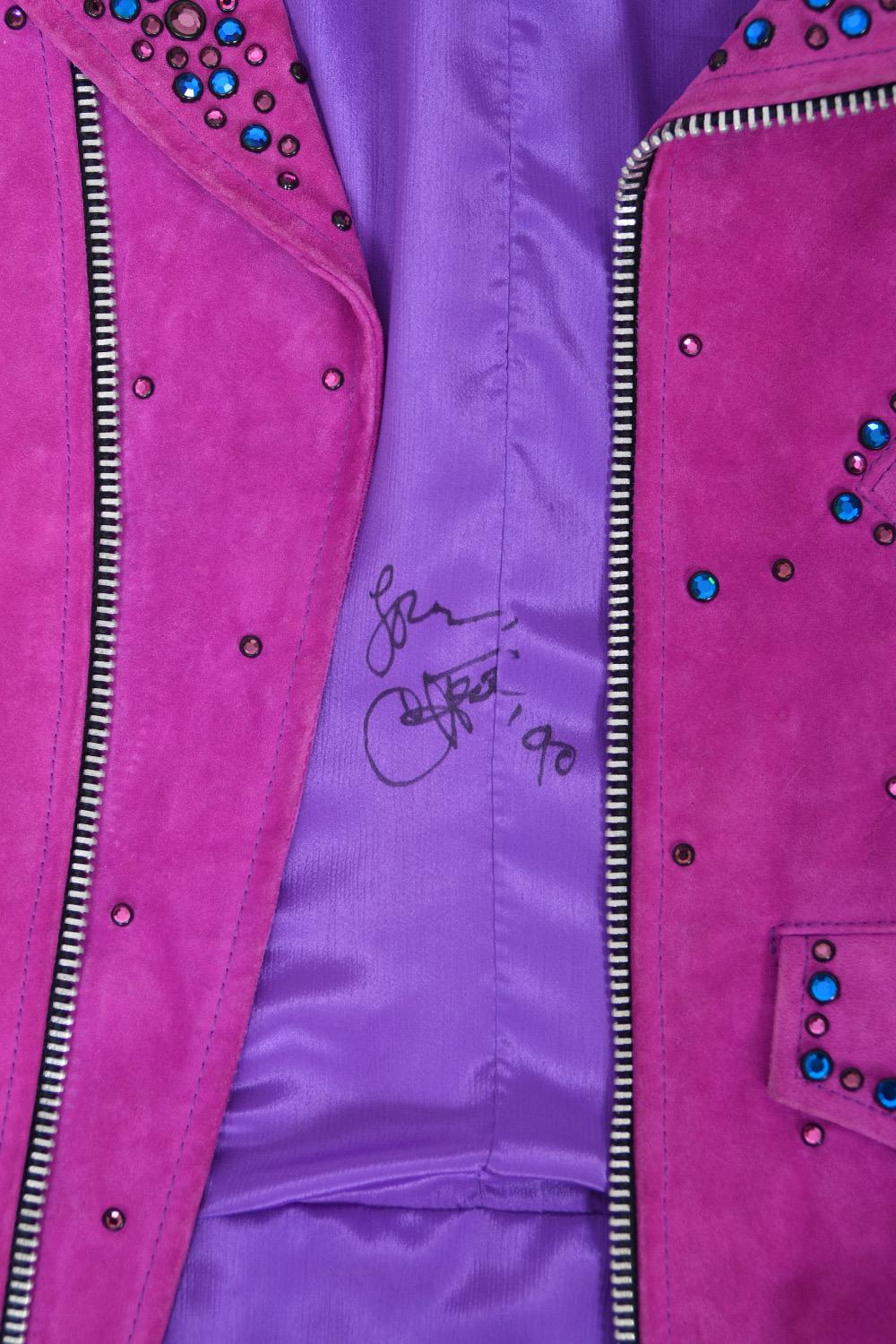 1990 Bob Mackie for Cher Signed Studded Fuchsia Suede Motorcycle Jacket & Boots For Sale 10