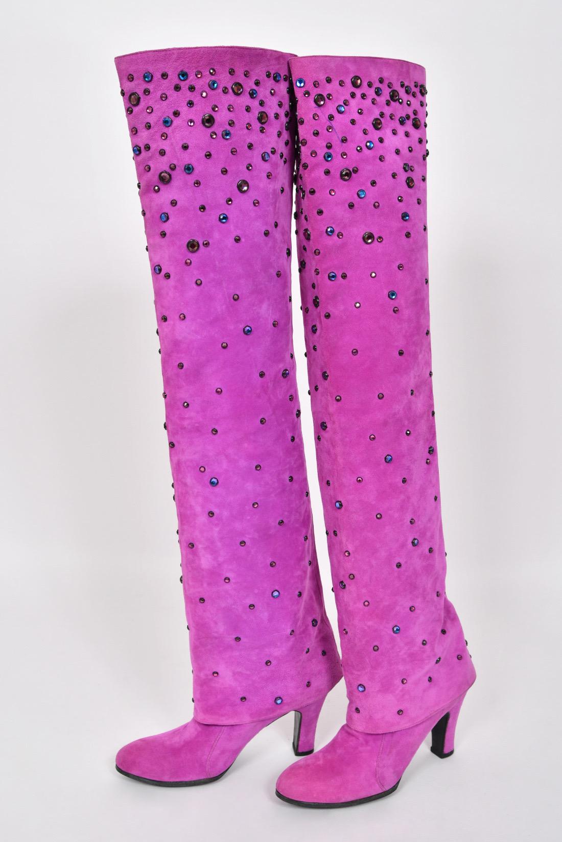 1990 Bob Mackie for Cher Signed Studded Fuchsia Suede Motorcycle Jacket & Boots For Sale 12