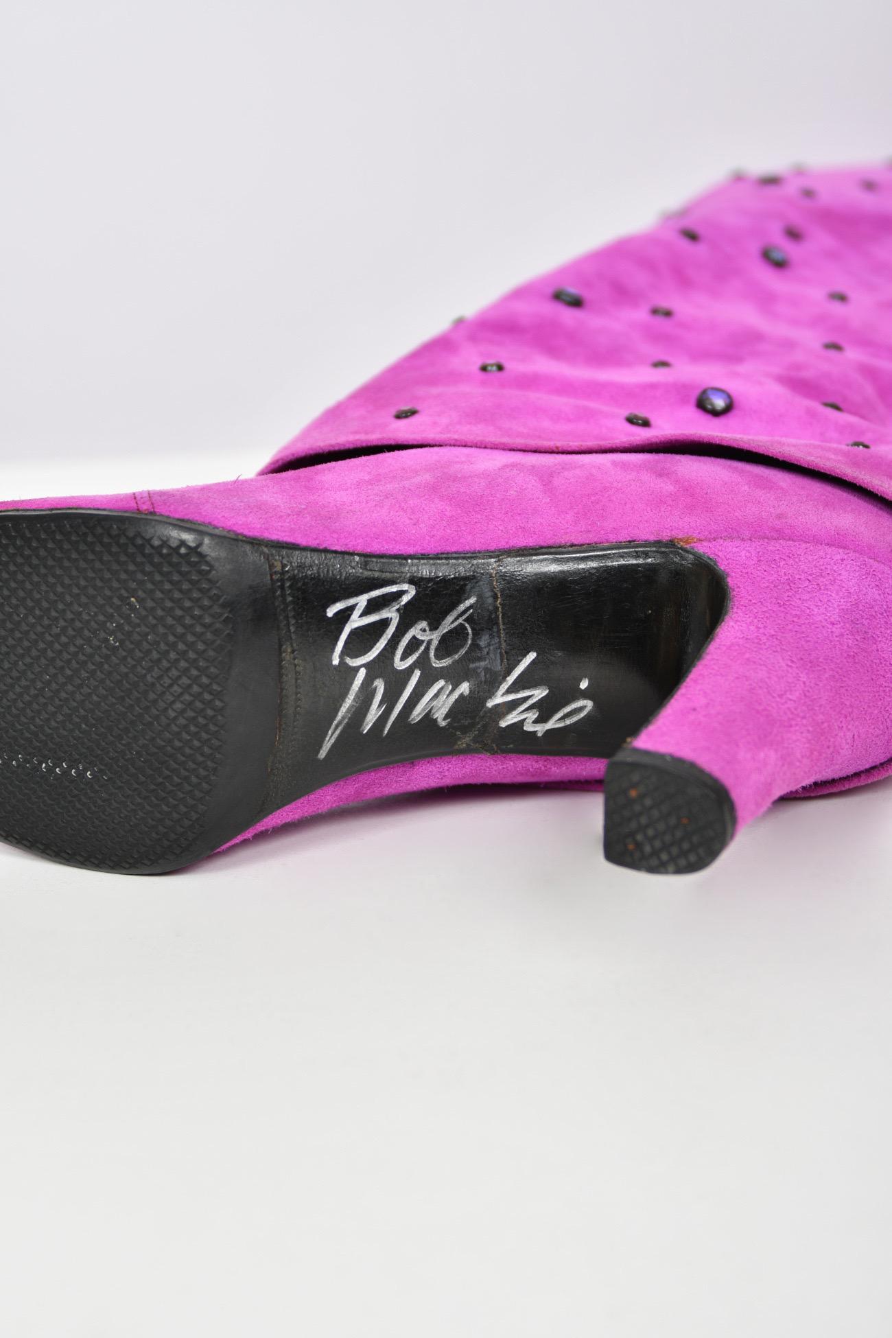 1990 Bob Mackie for Cher Signed Studded Fuchsia Suede Motorcycle Jacket & Boots For Sale 13