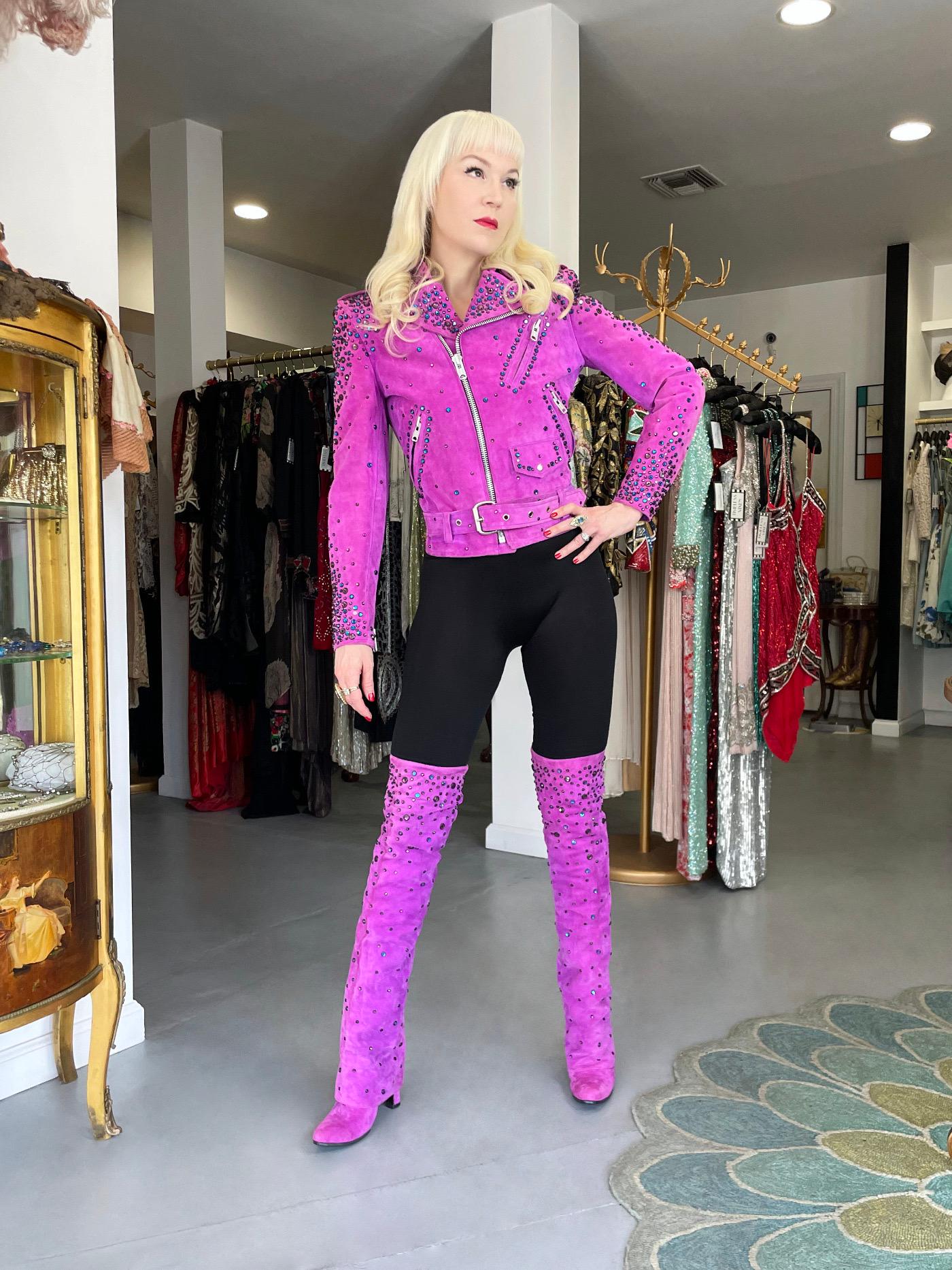 1990 Bob Mackie for Cher Signed Studded Fuchsia Suede Motorcycle Jacket & Boots For Sale 14