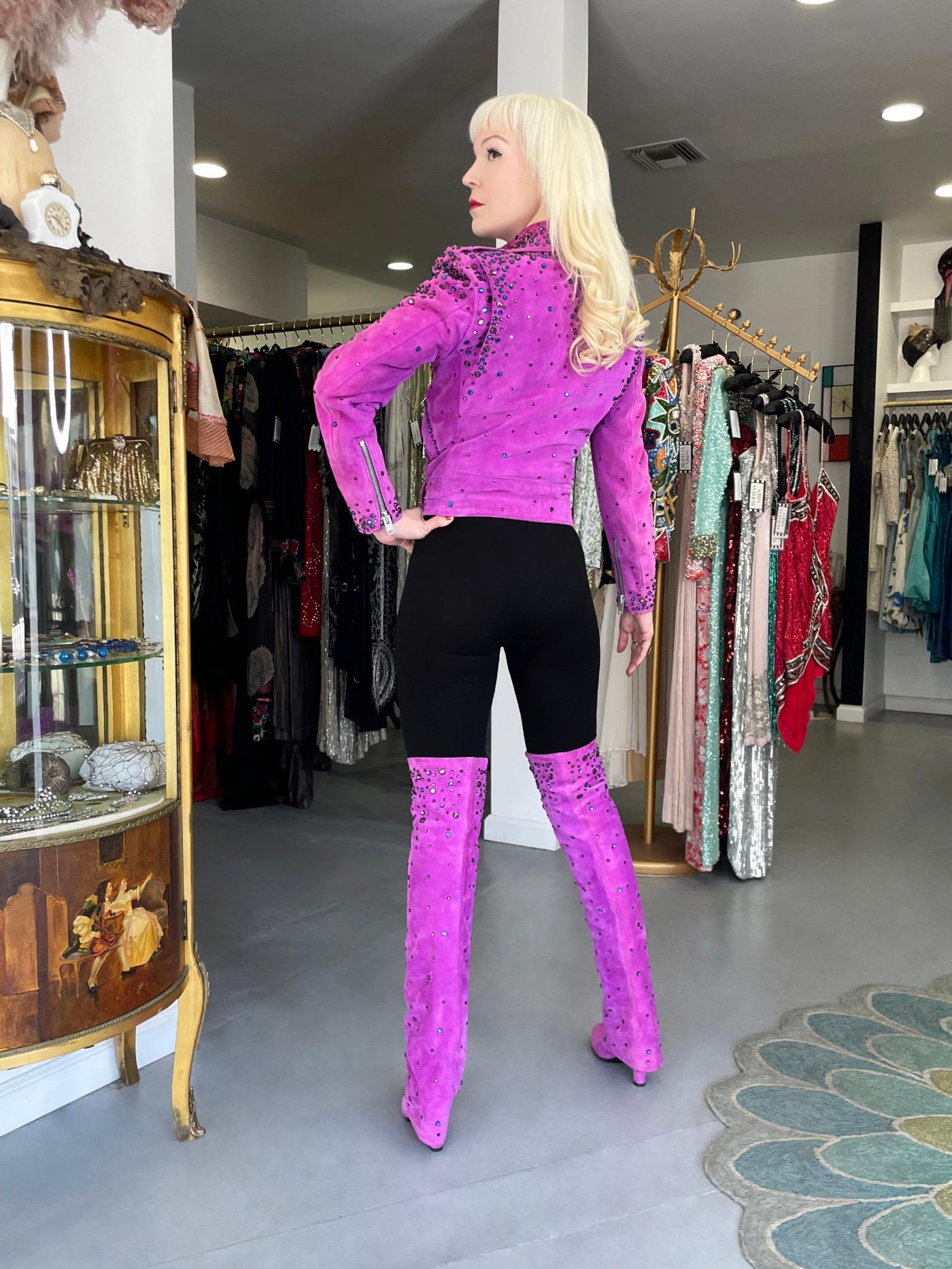 1990 Bob Mackie for Cher Signed Studded Fuchsia Suede Motorcycle Jacket & Boots For Sale 15