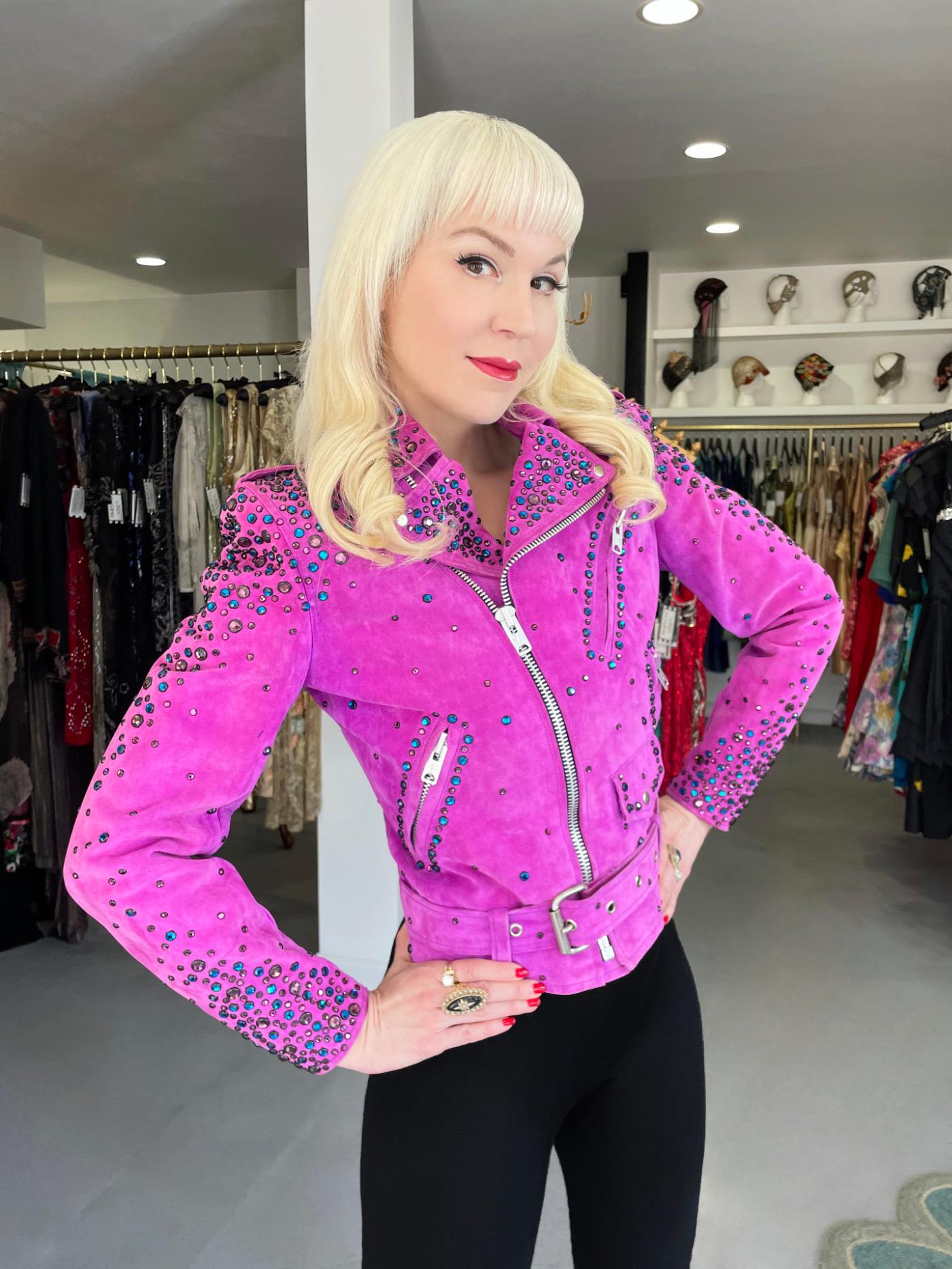 Women's 1990 Bob Mackie for Cher Signed Studded Fuchsia Suede Motorcycle Jacket & Boots For Sale