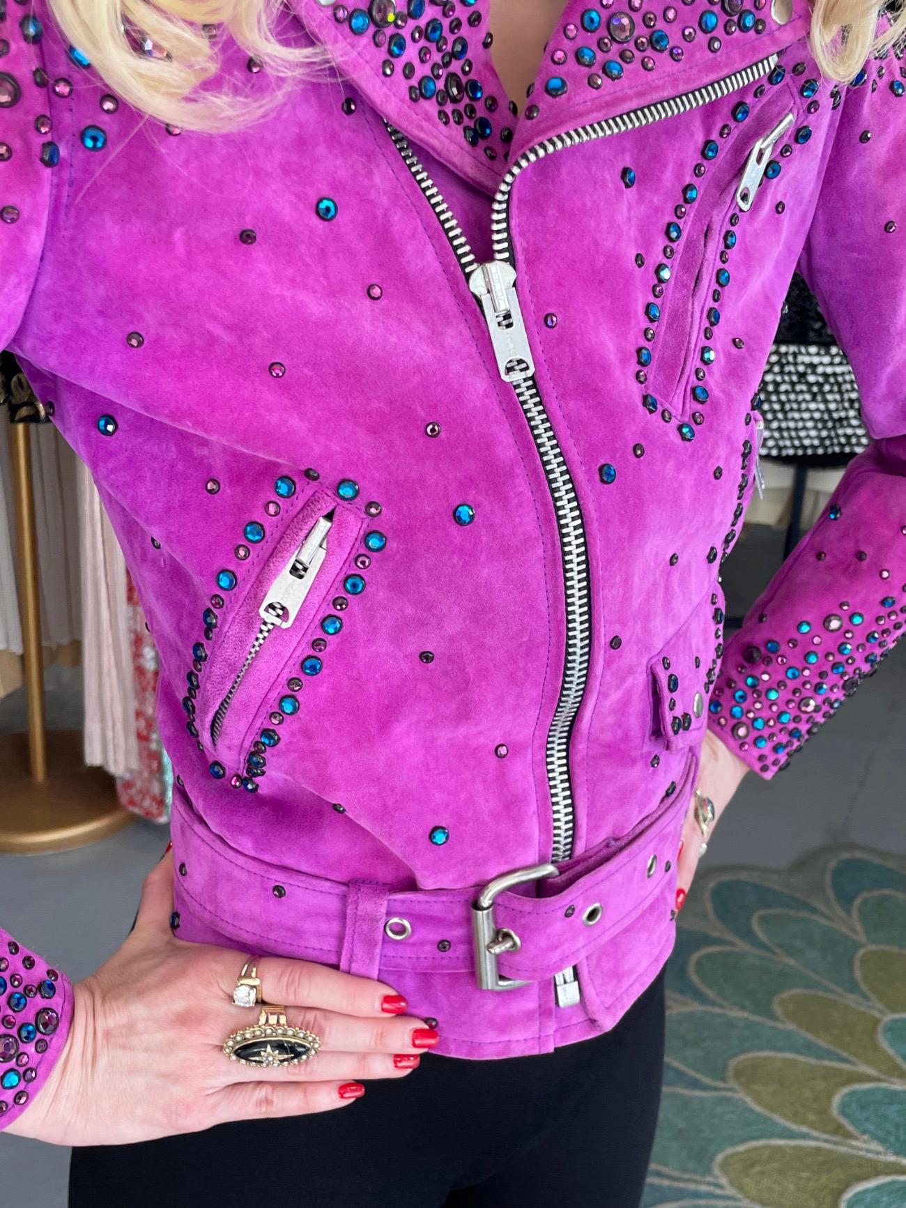 1990 Bob Mackie for Cher Signed Studded Fuchsia Suede Motorcycle Jacket & Boots For Sale 1