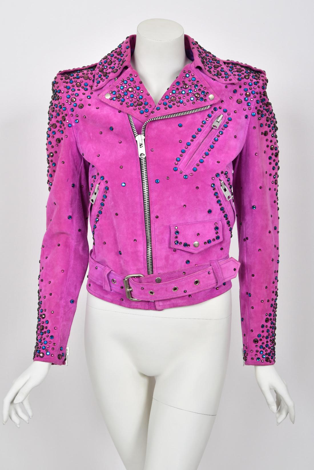 1990 Bob Mackie for Cher Signed Studded Fuchsia Suede Motorcycle Jacket & Boots For Sale 2