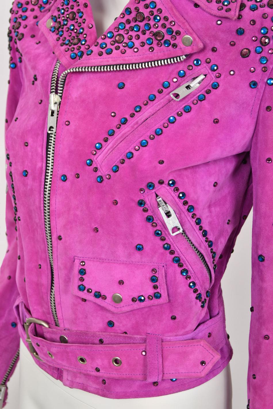 1990 Bob Mackie for Cher Signed Studded Fuchsia Suede Motorcycle Jacket & Boots For Sale 3