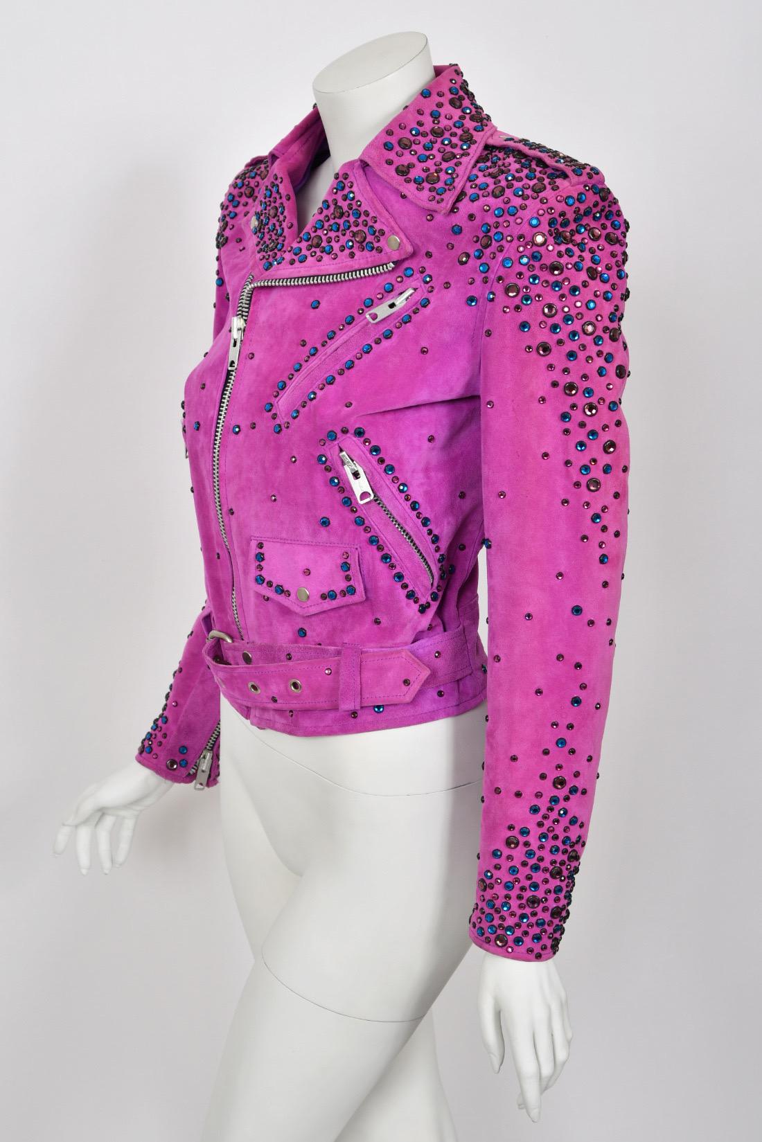 1990 Bob Mackie for Cher Signed Studded Fuchsia Suede Motorcycle Jacket & Boots For Sale 4