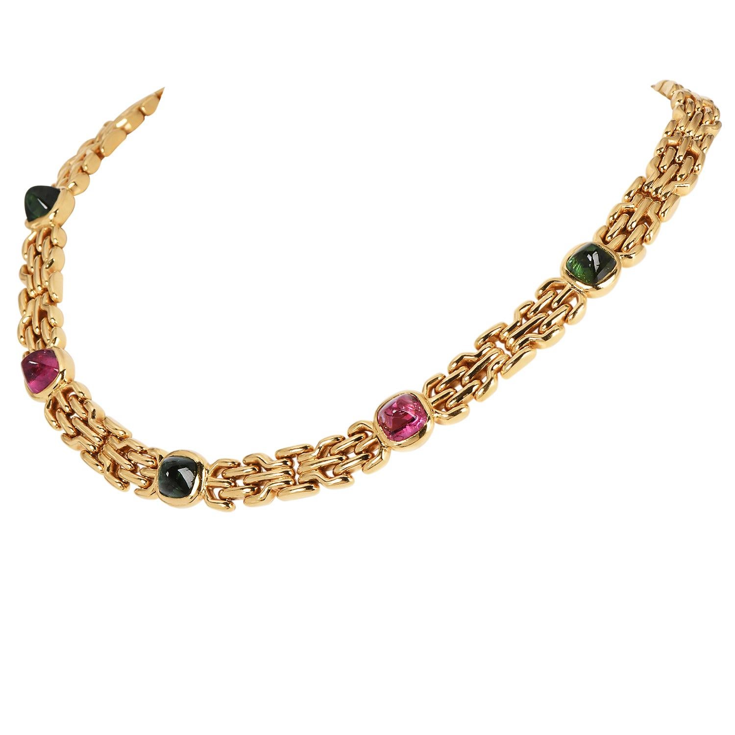 vlgari Peridot and Tourmaline Sugarloaf Cabochon Choker Necklace

This exquisite Bvlgari choker necklace, featuring vibrant sugarloaf cabochons of pink tourmaline and green peridot. Each gemstone is bezel-set, highlighting the intense hues and