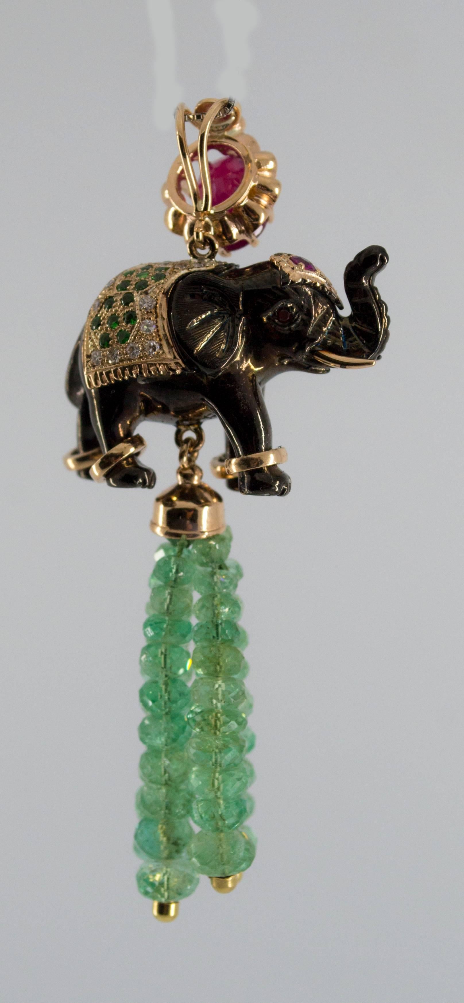 19.90 Carat Emerald 3.10 Carat Ruby Tsavorite Yellow Gold Elephant Pendant 6
