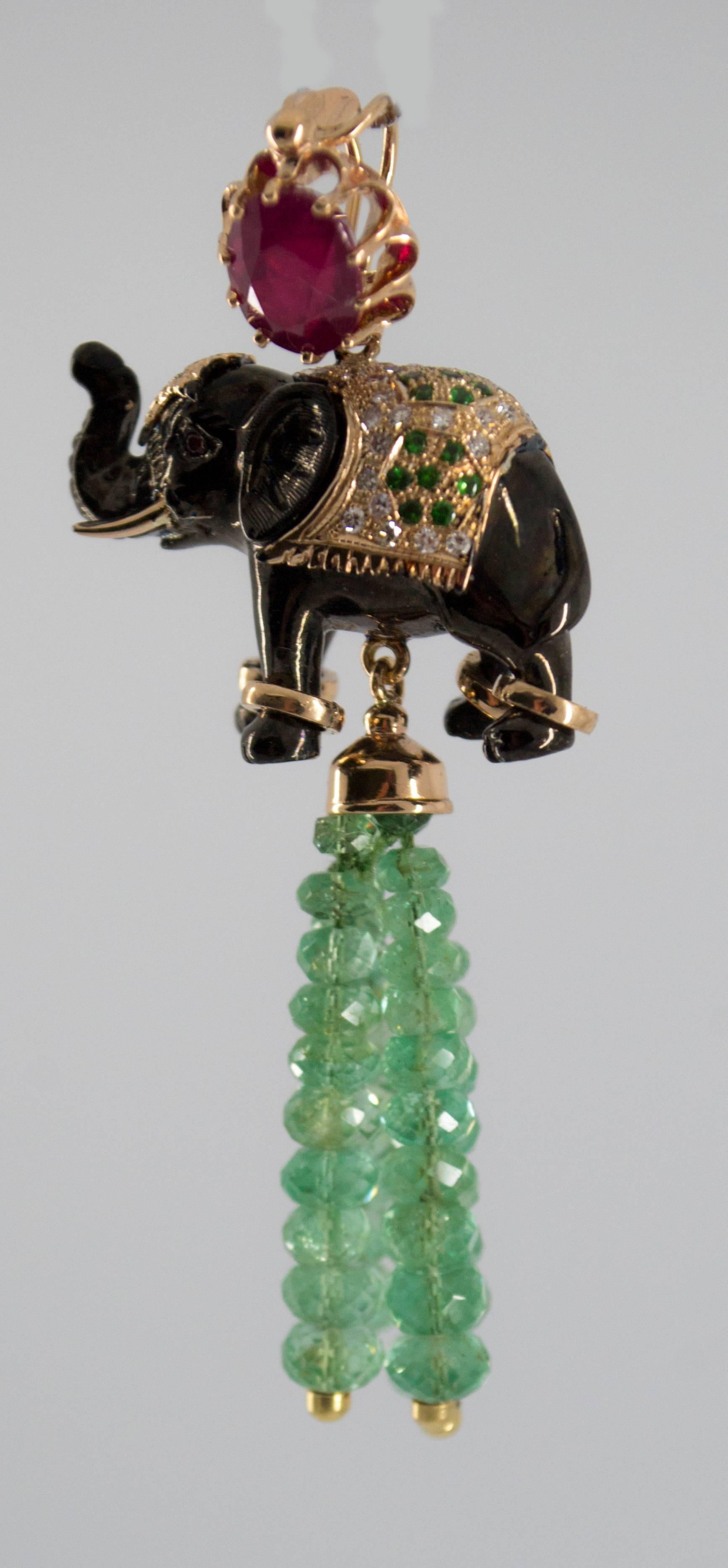 19.90 Carat Emerald 3.10 Carat Ruby Tsavorite Yellow Gold Elephant Pendant 4