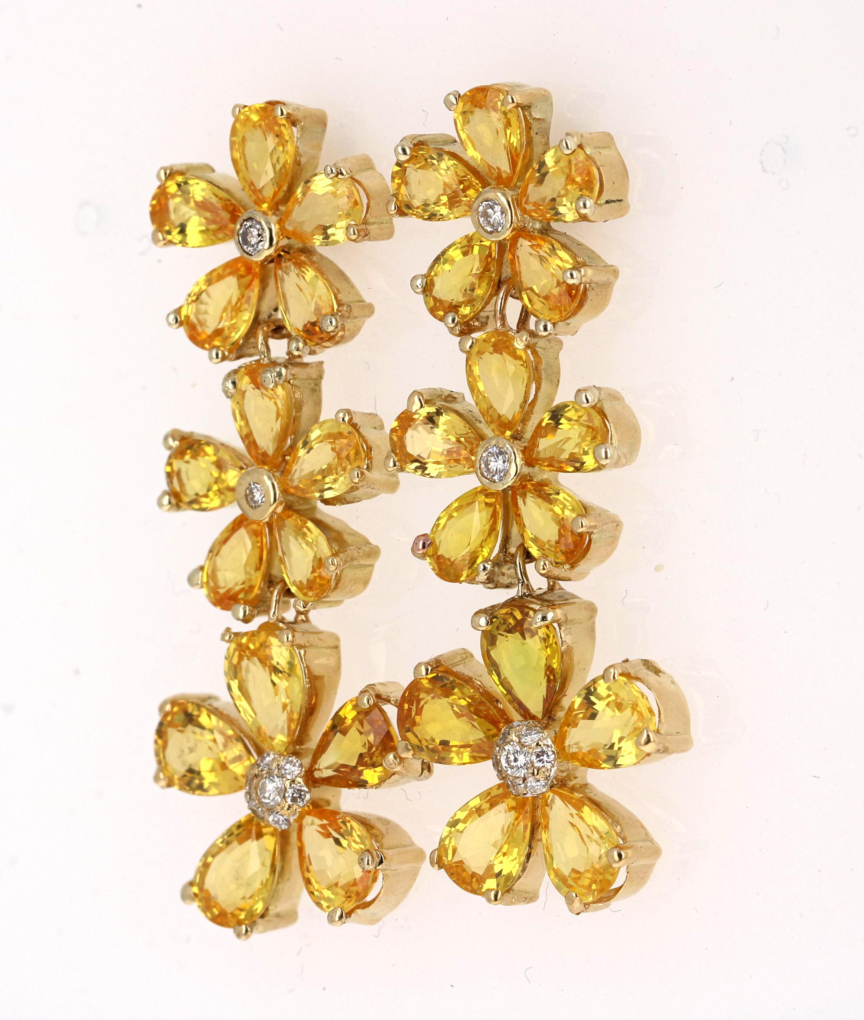 These one of a kind earrings have 30 Pear Cut Yellow Sapphires that weigh 19.60 Carats. It also has 18 Round Cut Diamonds that weigh 0.30 Carats. Clarity: VS and Color: H. The total carat weight of the ring is 19.90 Carats. 
The Yellow Sapphires are