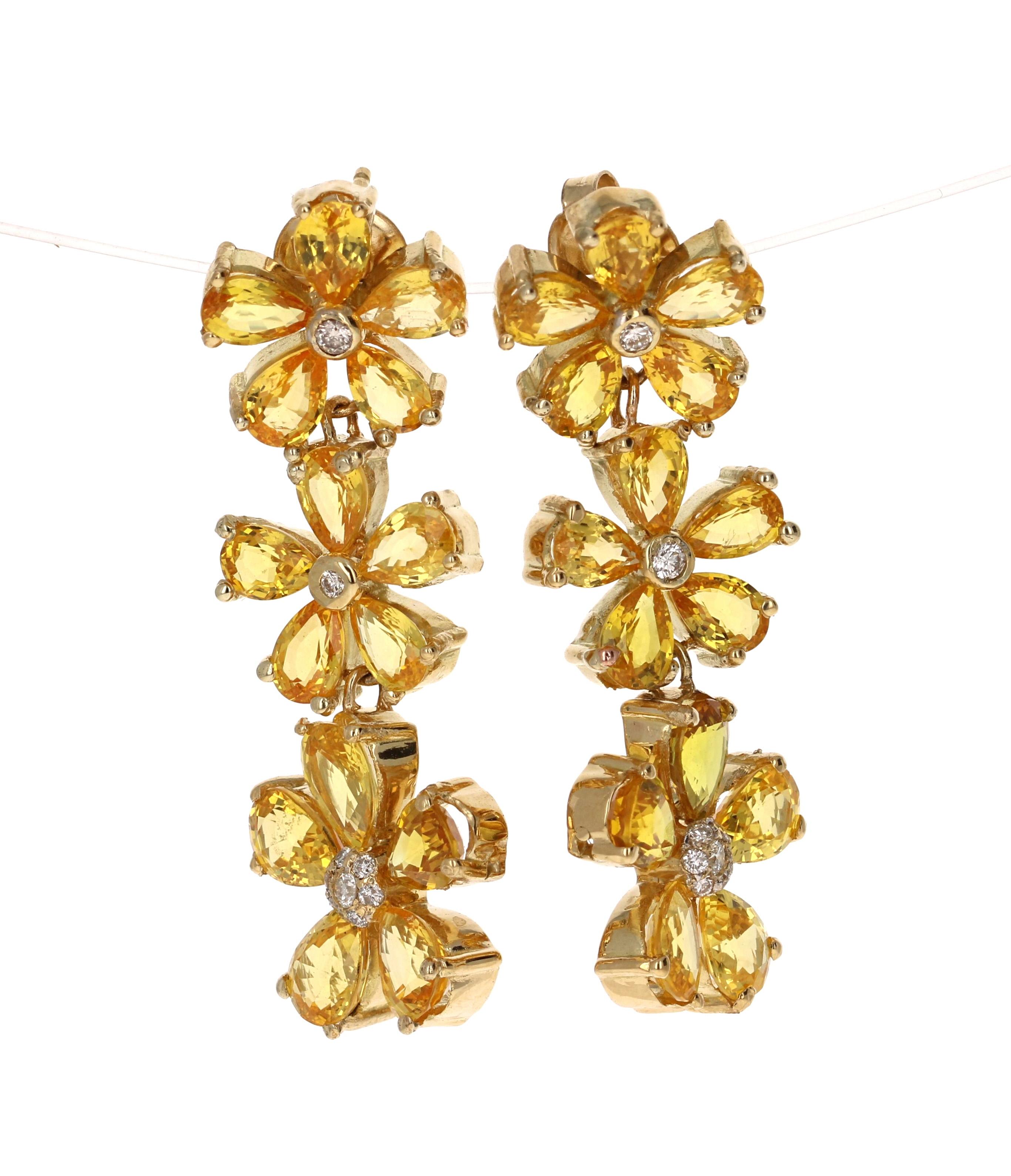 Contemporary 19.90 Carat Yellow Sapphire Diamond 18 Karat Yellow Gold Drop Earrings For Sale