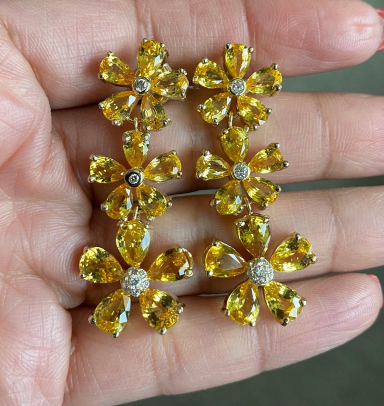 Pear Cut 19.90 Carat Yellow Sapphire Diamond 18 Karat Yellow Gold Drop Earrings For Sale