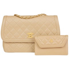 1990 Chanel Beige Quilted Lambskin Vintage Classic Single Flap Bag with Wallet