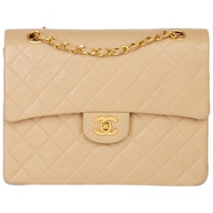 1990 Chanel Beige Gestepptes Lammfell Vintage Medium Tall Classic Double Flap Bag
