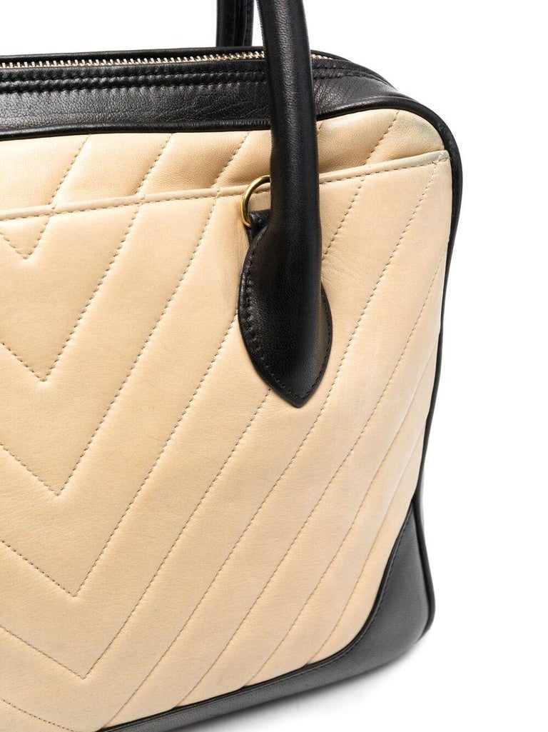 1990 Chanel Black and Beige Quilted Leather Tote Bag For Sale 1