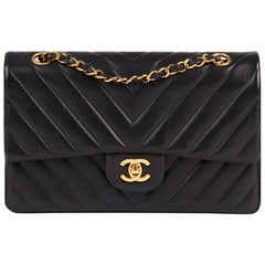 1990 Chanel Black Chevron Quilted Lambskin Vintage Medium Double Flap Bag