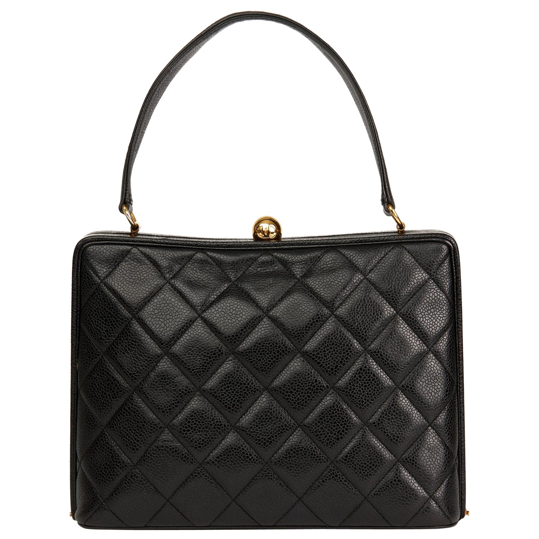 1990 Chanel Black Quilted Caviar Leather Vintage Timeless Frame Bag